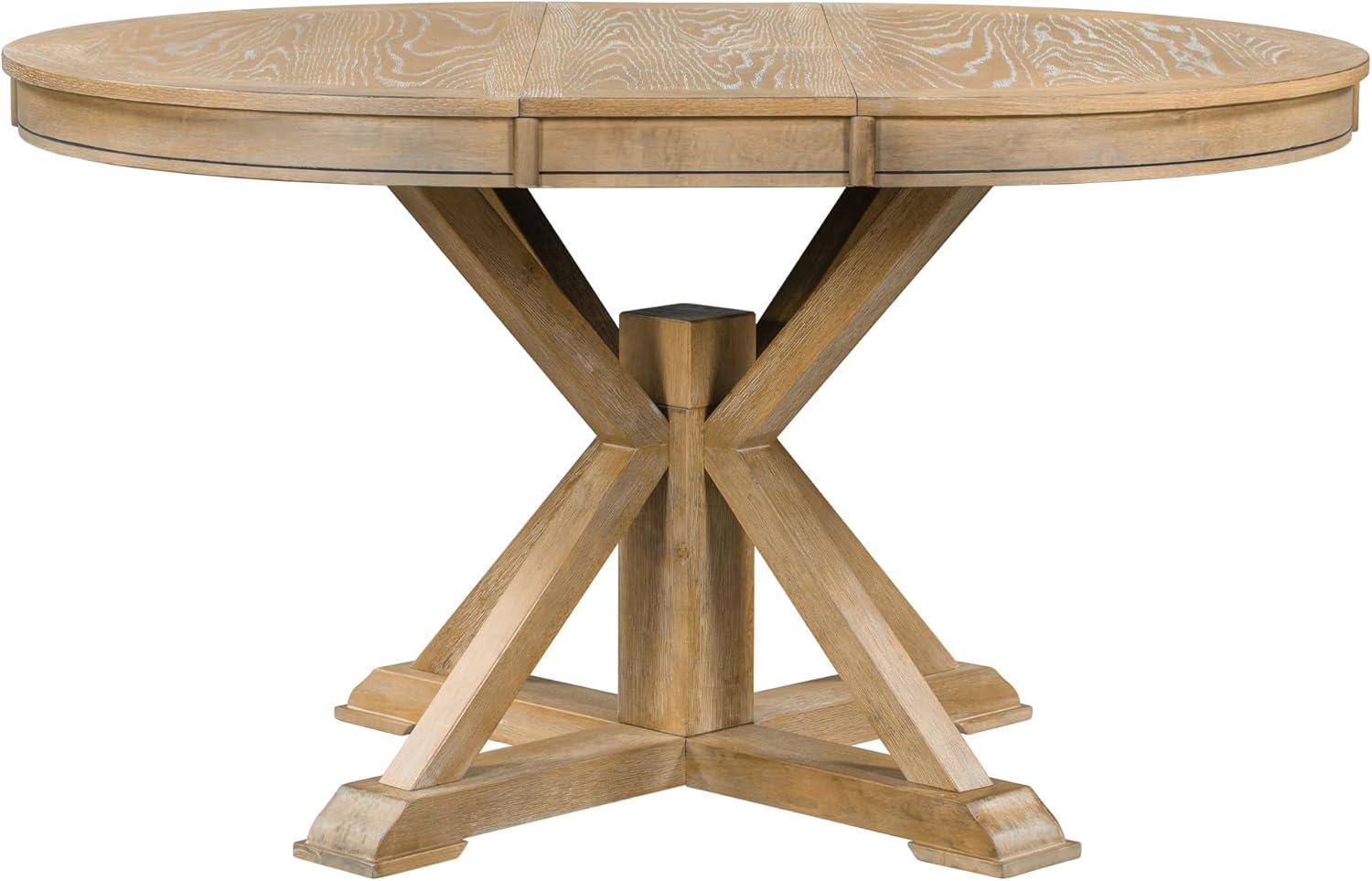 Natural Wood Extendable Round Dining Table with X-Shaped Base