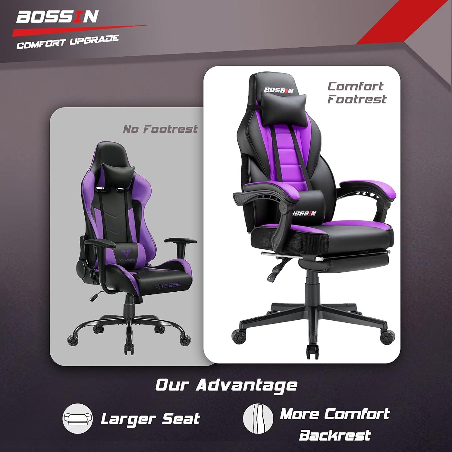 Bossin Purple and Black Ergonomic Gaming Chair with Footrest