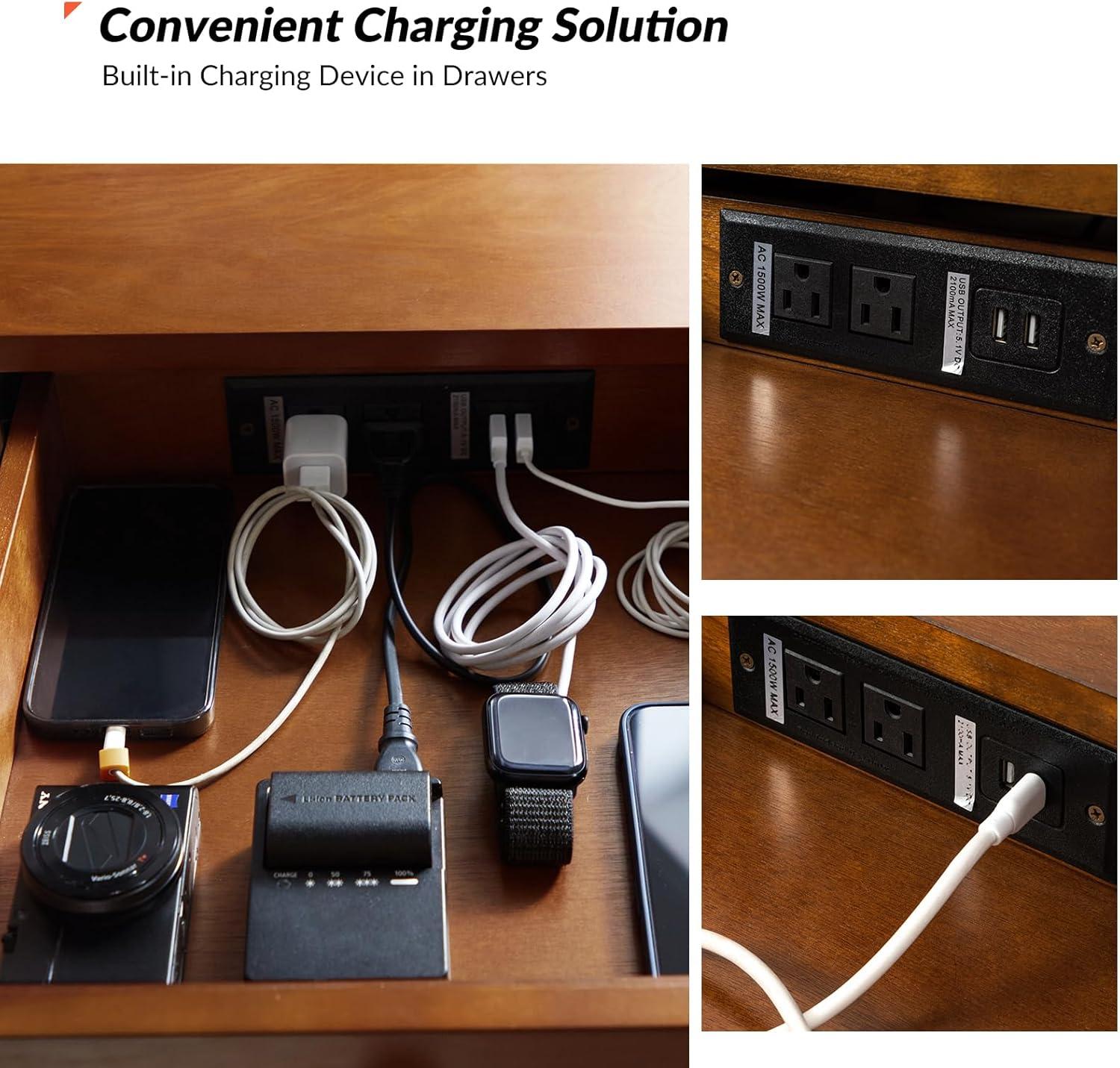 Walnut Mid-Century Modern Desk with Acorn Rubber Wood Legs and Power Outlet