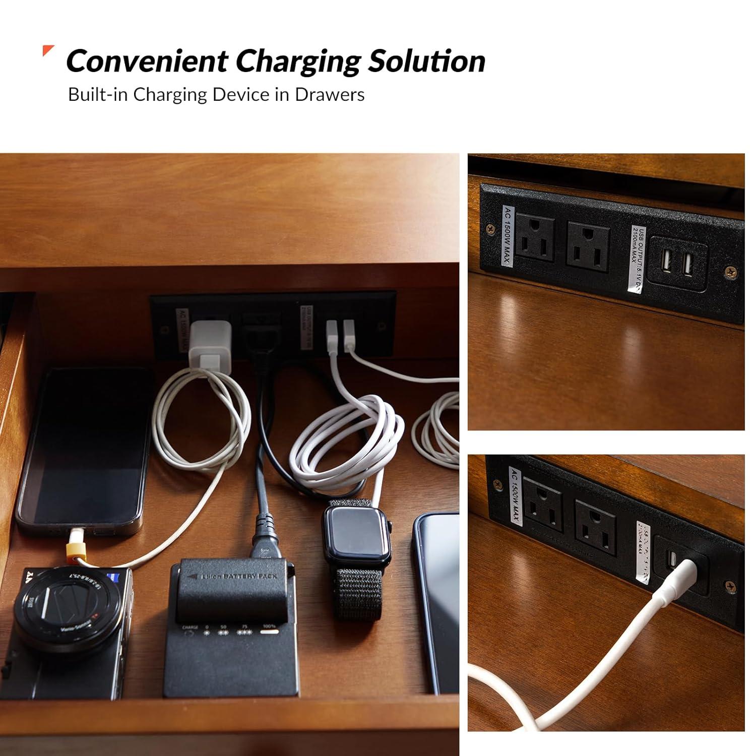 Walnut Mid-Century Modern Desk with Acorn Rubber Wood Legs and Power Outlet