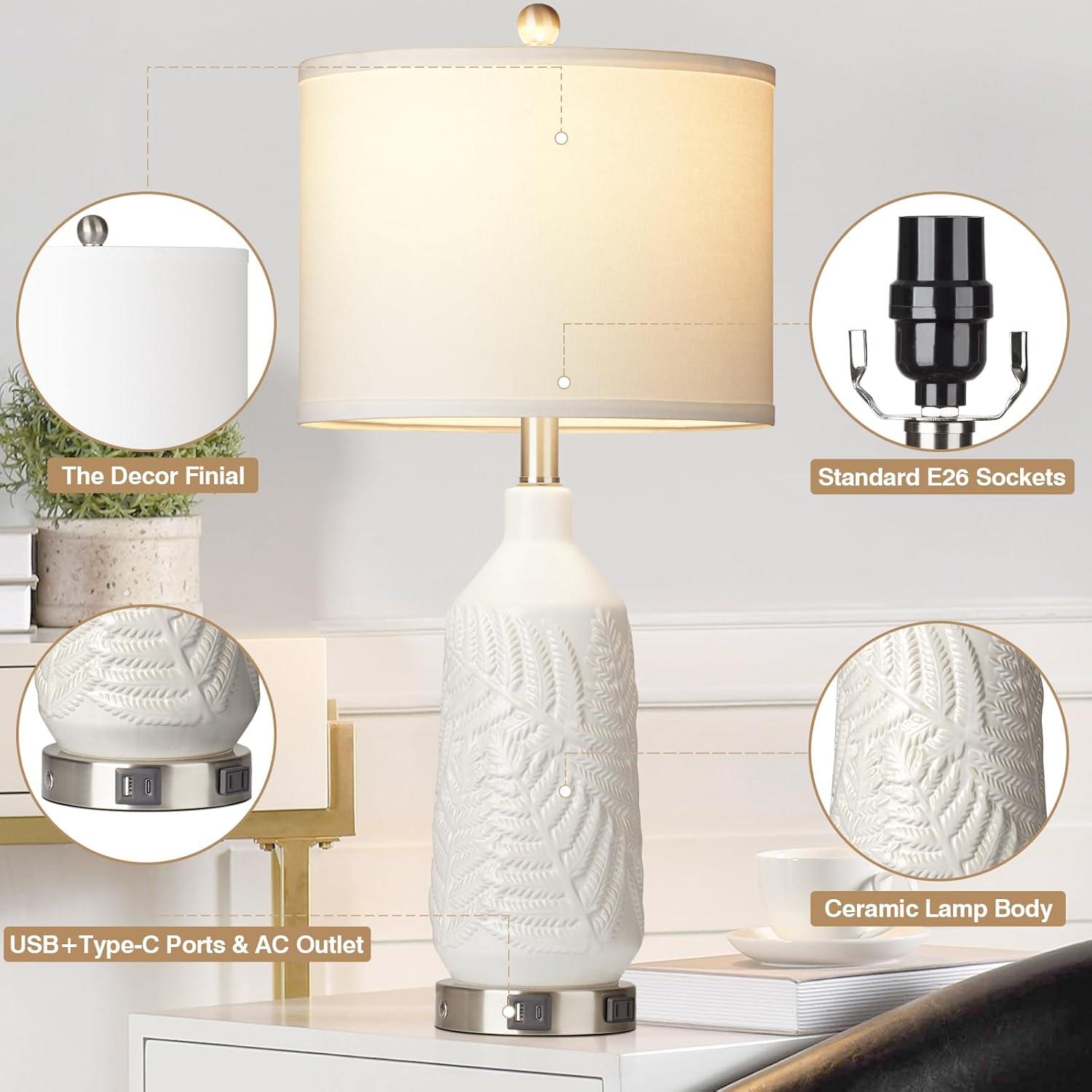 White Ceramic Table Lamps Set with Linen Shades and USB Ports