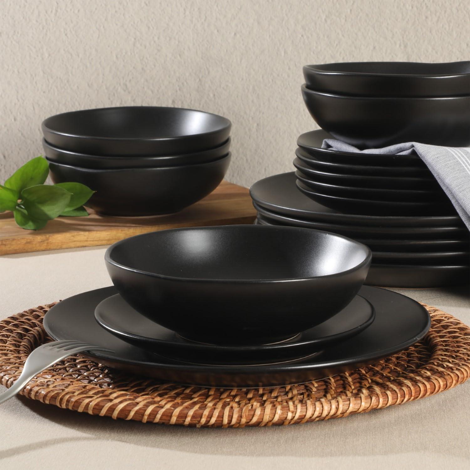 Gibson Home Bethel 18 Piece Plates and Bowls Ceramic Stoneware Organic Shape Dinnerware Set (Service for 6) - Matte Black