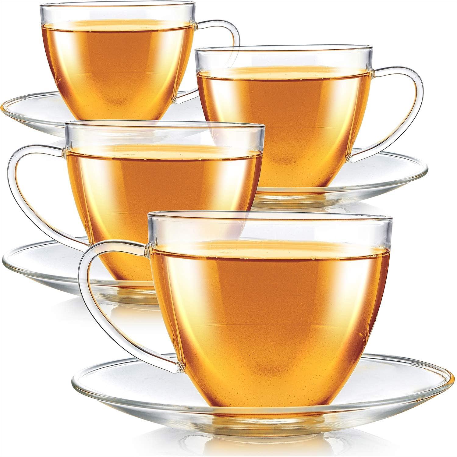 Royal Clear Glass Teacup and Saucer Set, 12 OZ, 4-Pack