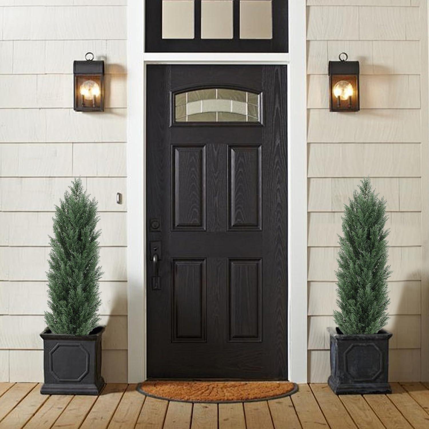 4ft Dark Green Cedar Topiary Trees in Black Cement Pots, Set of 2