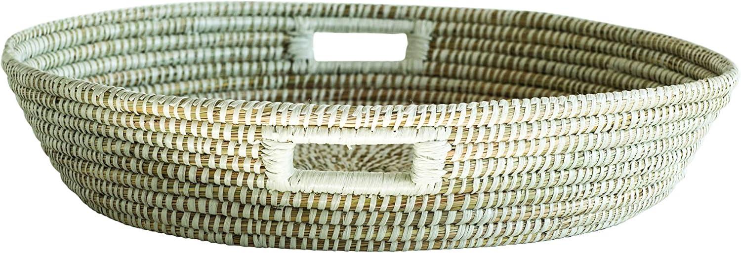 White Round Handwoven Grass Basket with Handles