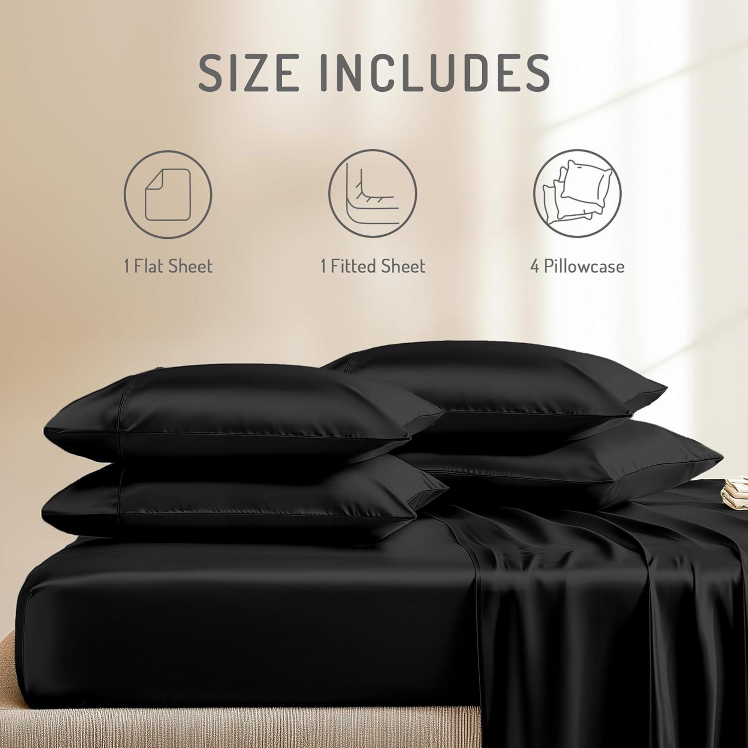 Degrees of Comfort Black Satin Sheet Set for Queen Size Bed – 6 Piece Silky and Soft Sheets with 14 Inches Deep Pocket