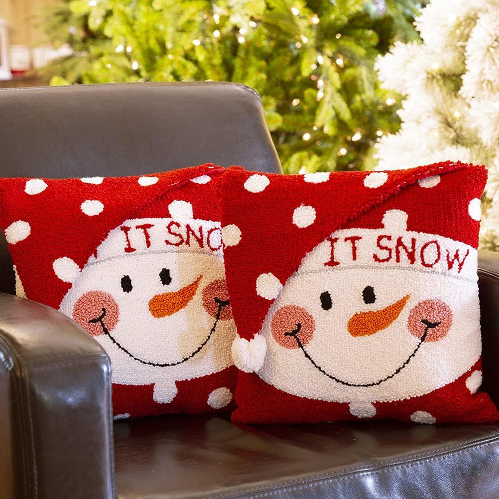 13.75" Red and White Unique Hooked 3D Snowman Pillow