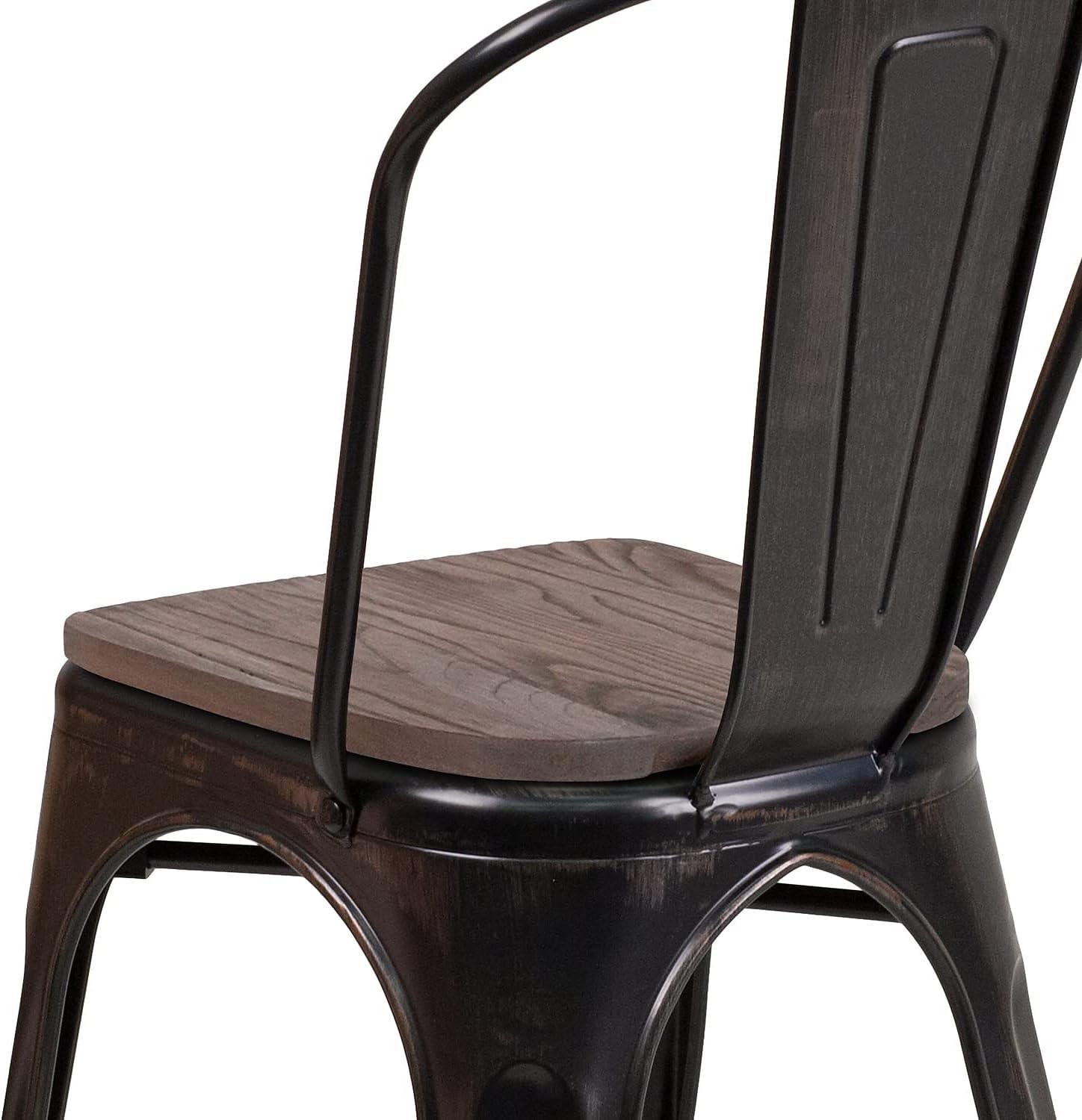 Flash Furniture Black-Antique Gold Metal Stackable Chair with Wood Seat