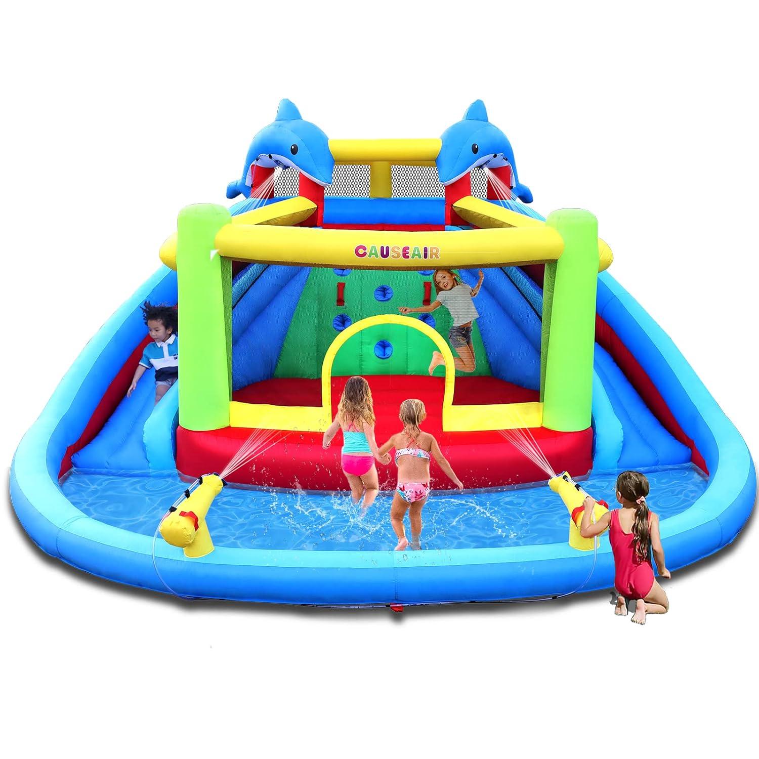 Inflatable Water Slide with Bounce House,Dolphin Styling,Splashing Pool,Double Water Cannon,Climbing Wall,Heavy Duty GFCI Blower,Inflatable Water Park Slide for Kids Backyard Summer