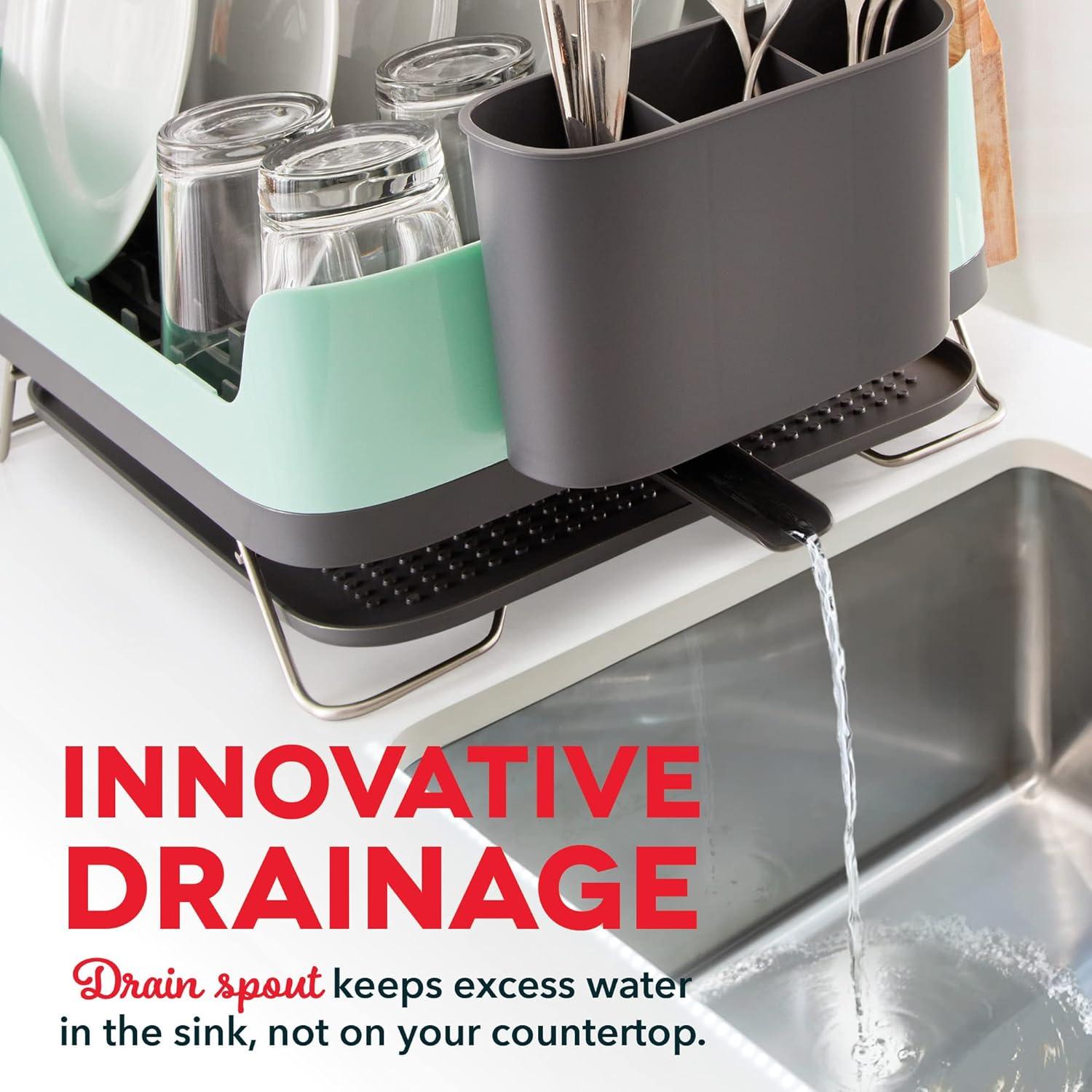 Aqua Metal Dish Rack with Utensil Cup and Drainage Spout