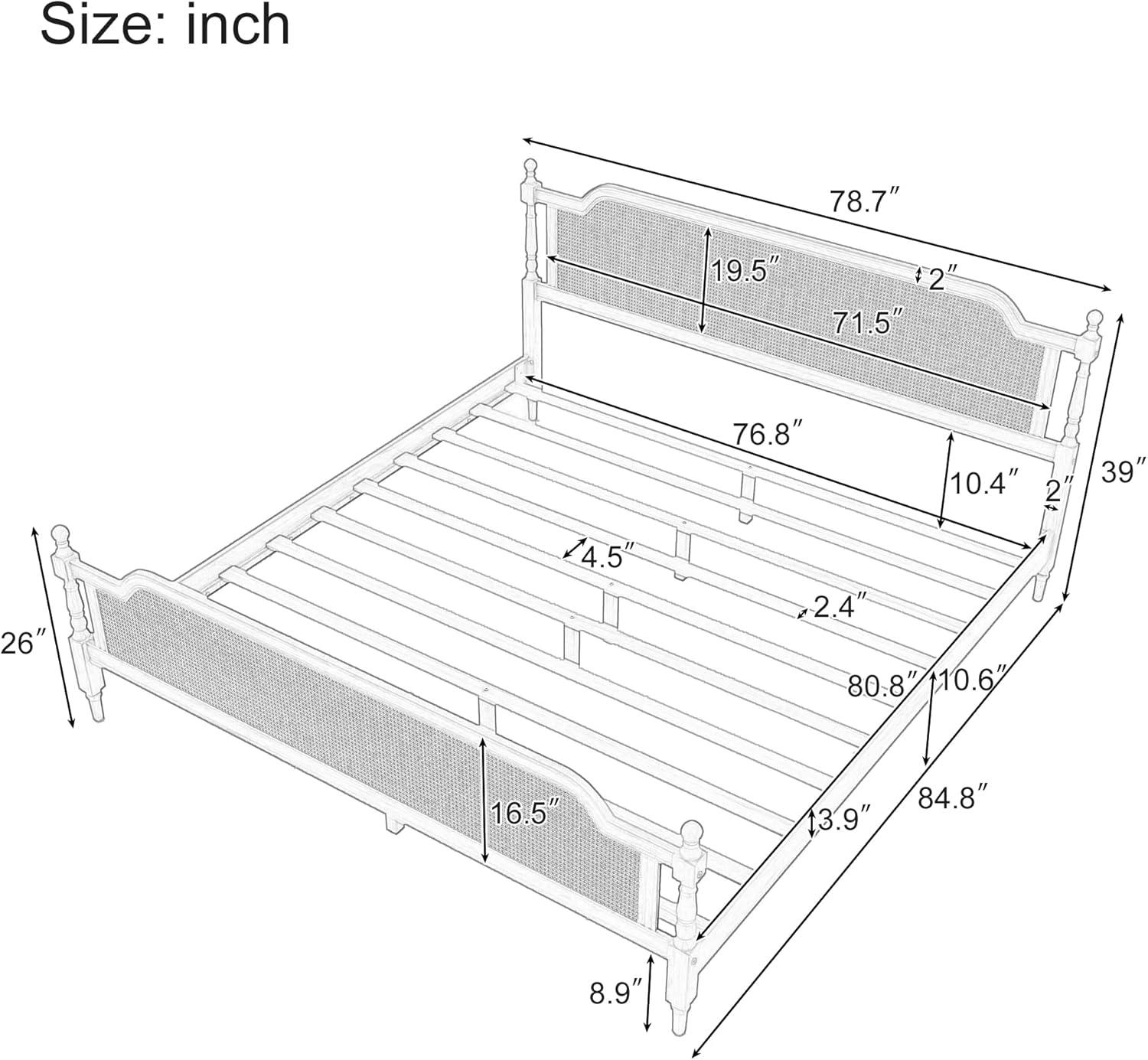 Traditional Style Rattan King Size Platform Bed Frame, Wooden Bed Frame with Rattan Headboard and Footboard, Wood Slat Support, No Box Spring Needed, Easy Assembly (Antique Walnut,310)