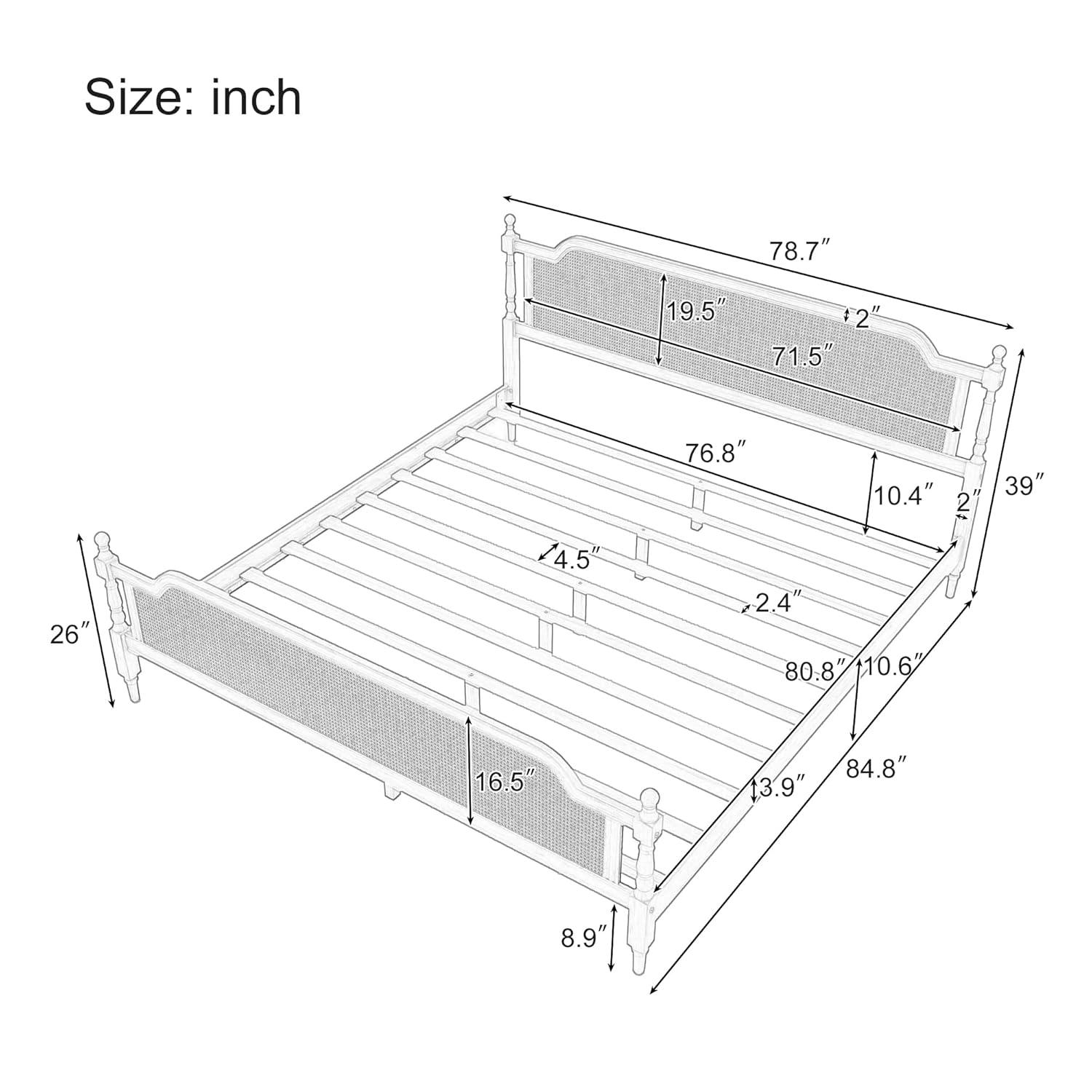 Traditional Style Rattan King Size Platform Bed Frame, Wooden Bed Frame with Rattan Headboard and Footboard, Wood Slat Support, No Box Spring Needed, Easy Assembly (Antique Walnut,310)