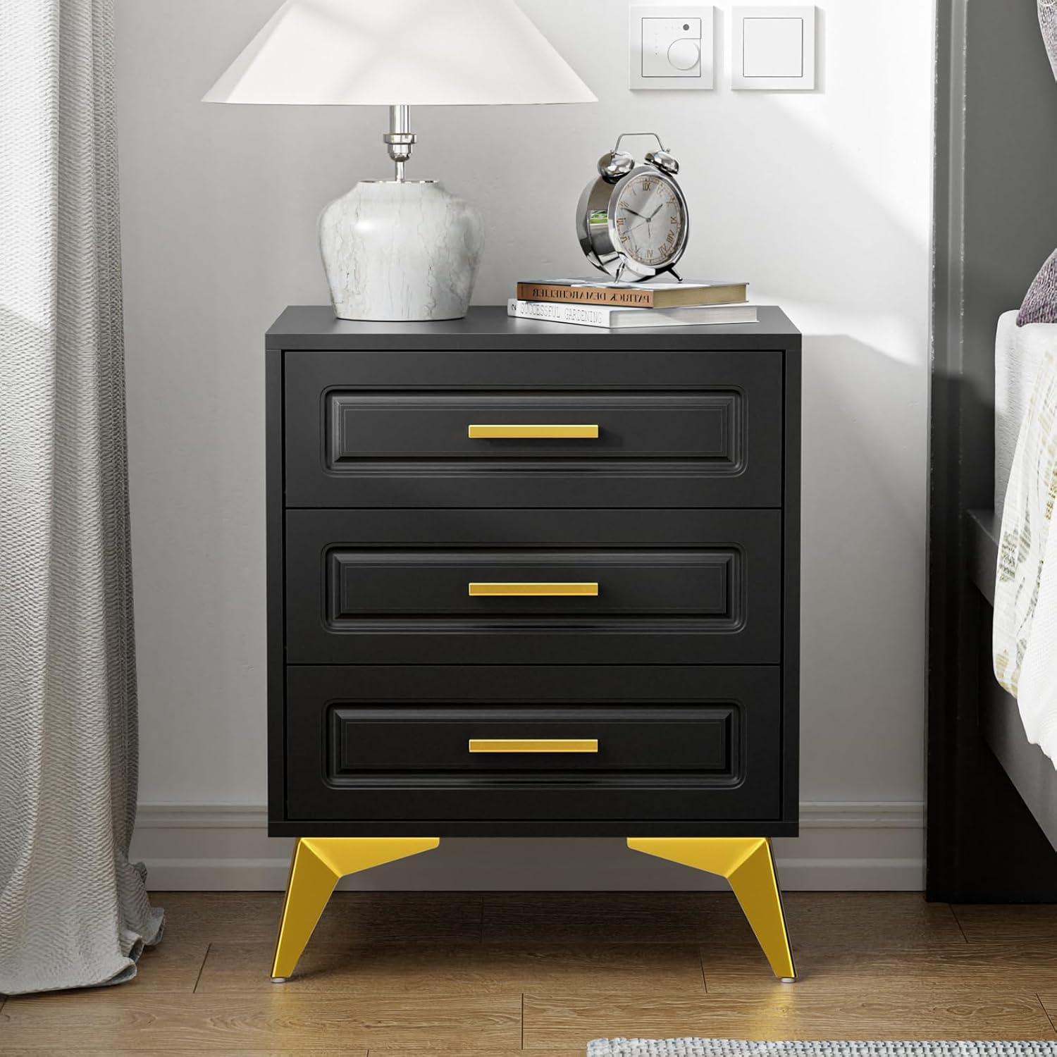 Black and Gold 3-Drawer Modern Nightstand with Metal Legs