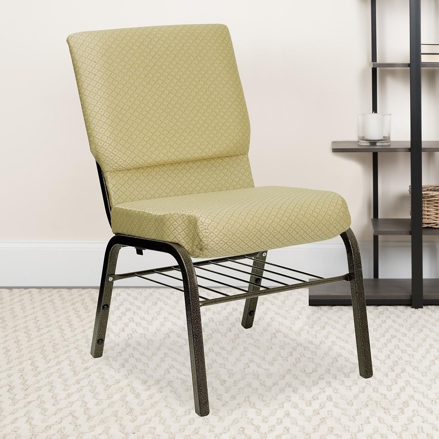 BizChair 18.5''W Church Chair in Navy Blue Patterned Fabric with Book Rack - Gold Vein Frame