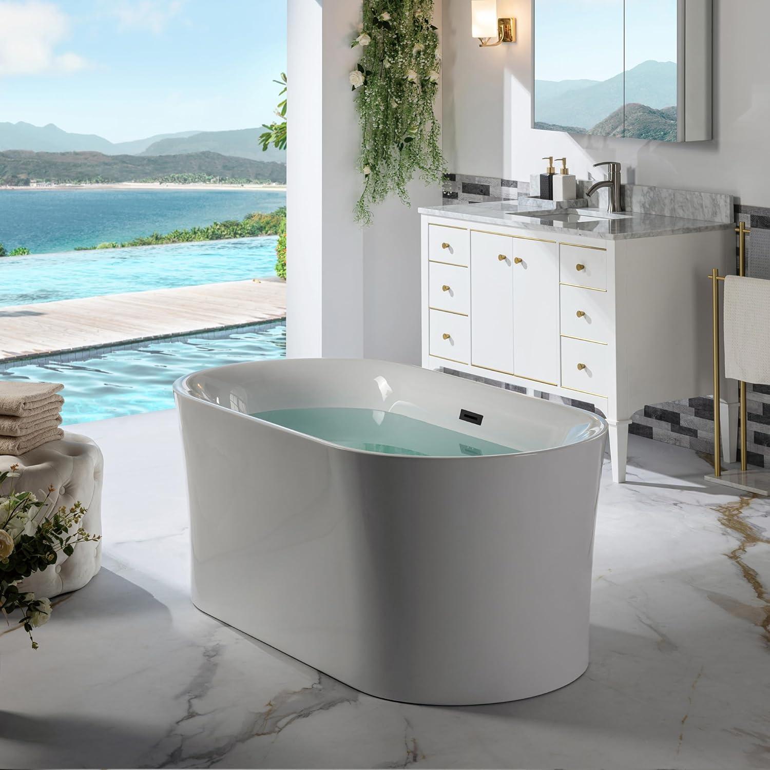 59" White Acrylic Freestanding Oval Bathtub with Matte Black Overflow