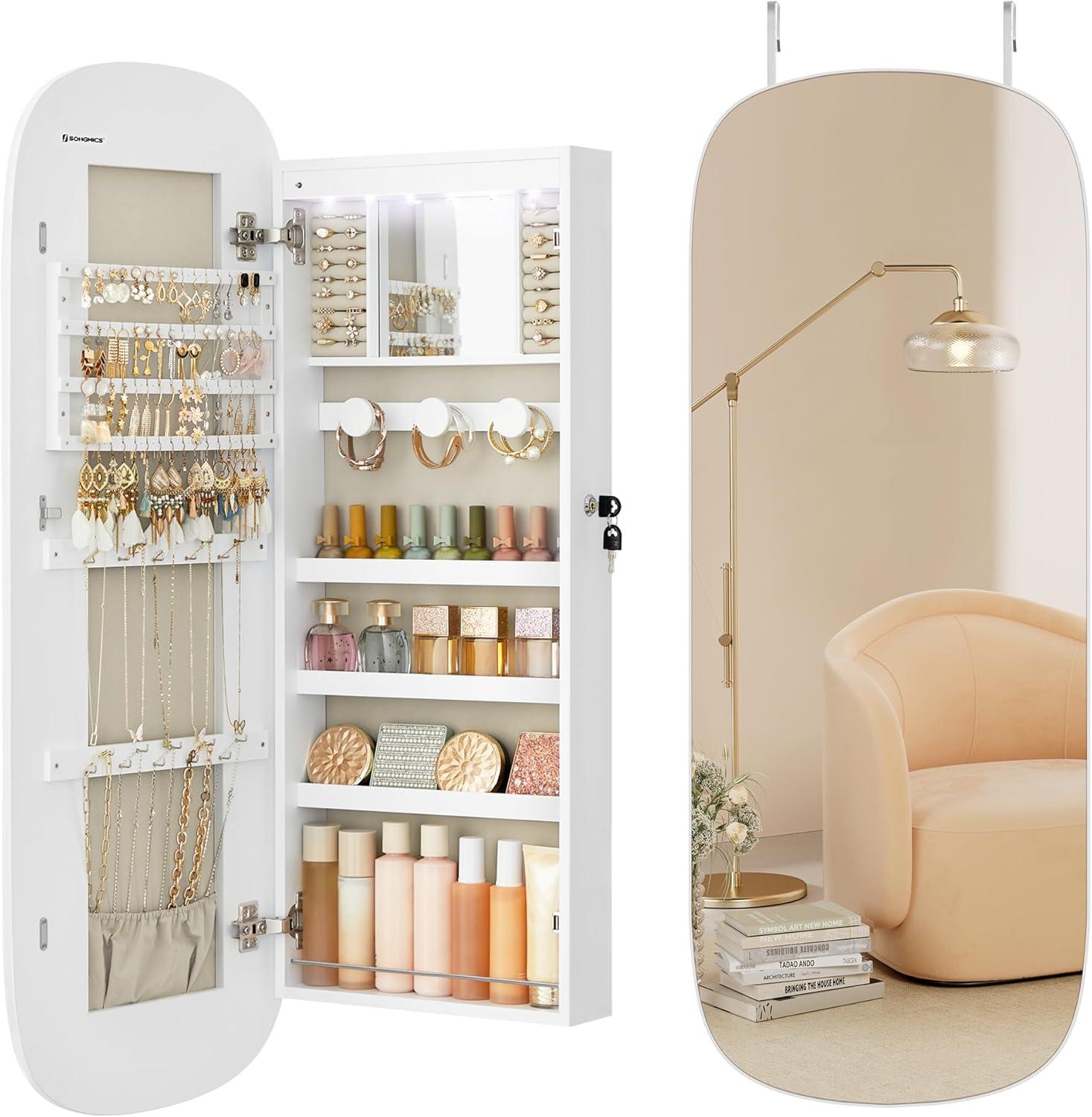 White Wall Mounted Jewelry Cabinet with Mirror and LED Lights