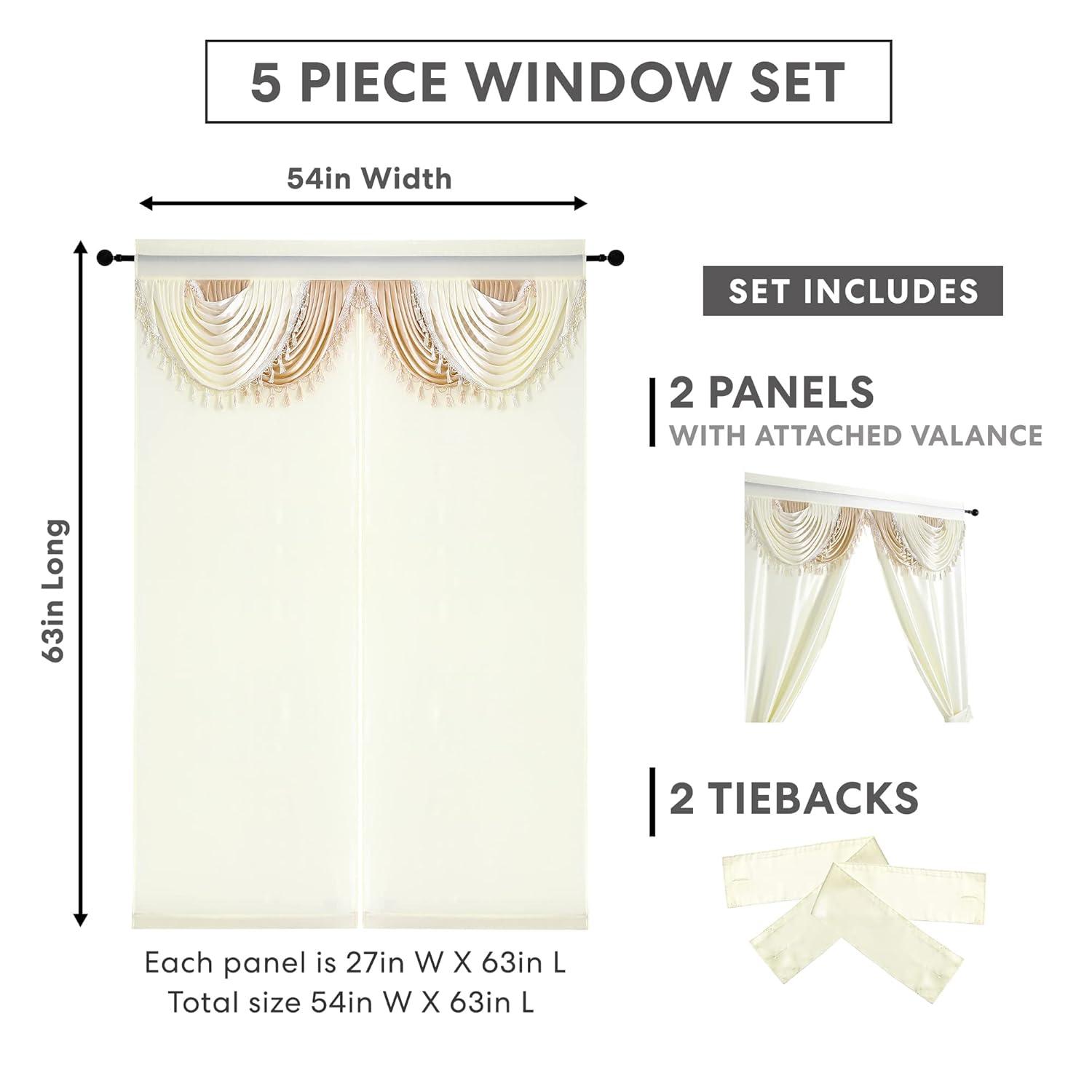 Regal Home Collections Amore Curtains 5-Piece Window Curtain Set - 54-Inch W x63-Inch L Panels with Attached Valance and 2 Tiebacks (Beige)
