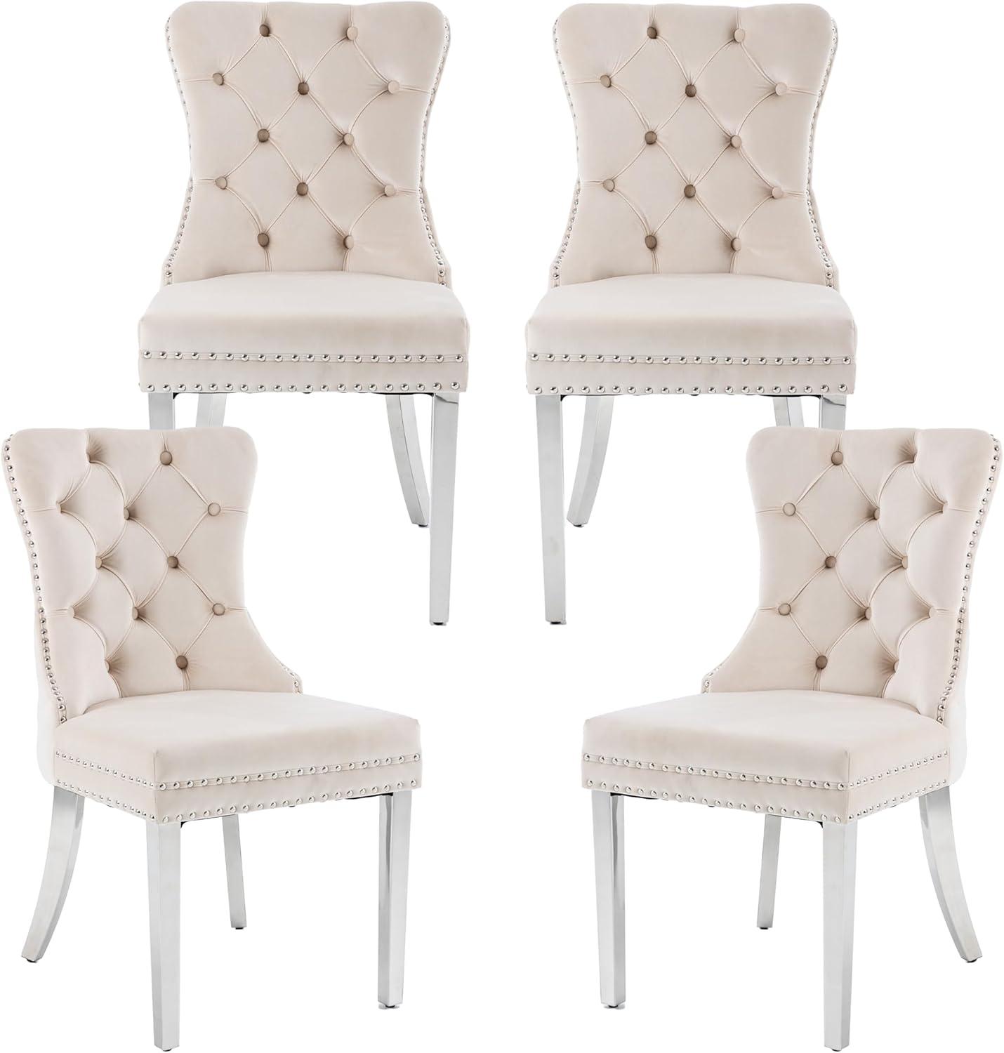 SoarFlash Velvet Dining Chairs Set of 4, Tall Back Side Chair, Modern Upholstered High-end Tufted Side Chair with Button Back Ring, Solid Wood Legs (Beige)