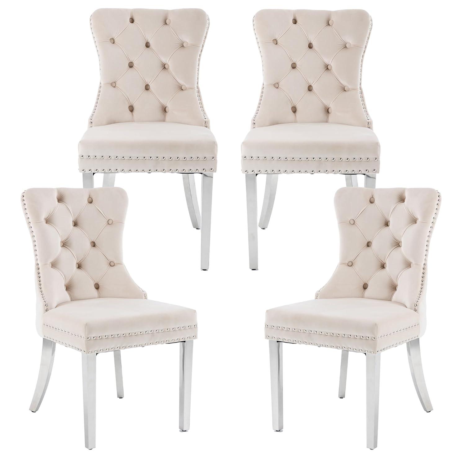 SoarFlash Velvet Dining Chairs Set of 4, Tall Back Side Chair, Modern Upholstered High-end Tufted Side Chair with Button Back Ring, Solid Wood Legs (Beige)