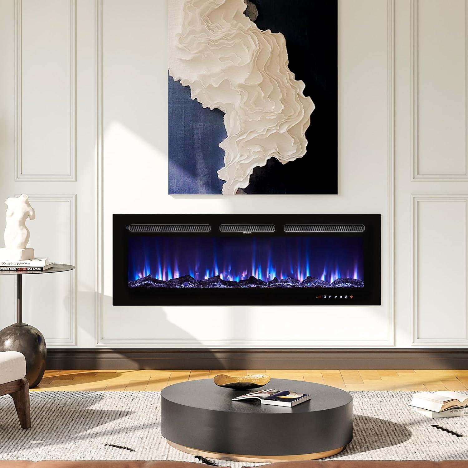 oneinmil Electric Fireplace, 50 inch Wide Recessed/Wall Mounted Electric Fireplace, Remote Control with Timer 12 Adjustable Color Flame, Remote Control,with Crystal Stone, 750/1500W