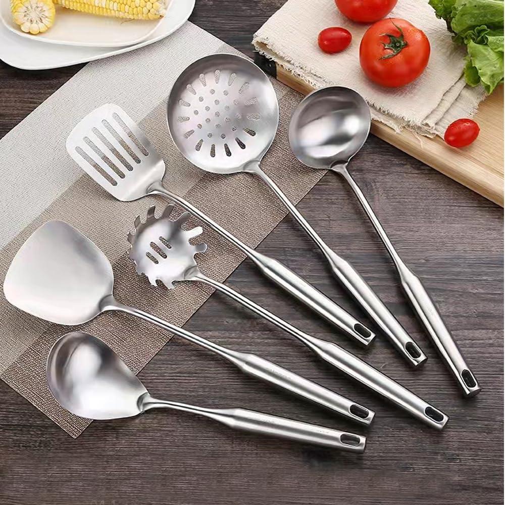 Cooking Utensils Set Stainless Steel Kitchen Metal Serving Utensils Set of 6 Pcs-Wok Spatula Ladle Set, Skimmer Slotted Spoon, Pasta Spoon, Serving Spoon, Slotted Spatula Tunner,Dishwasher Safe