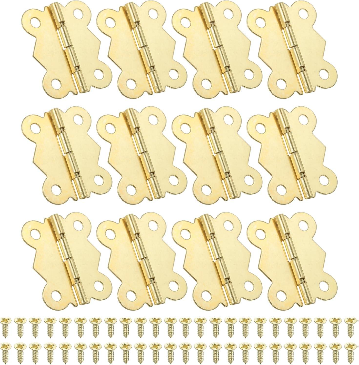 Uxcell Small Jewelry Box Hinges 1-5/8 inch, 12 Pack 90-degree Butterfly Hinges Jewelry Box with 48 Screws, Gold