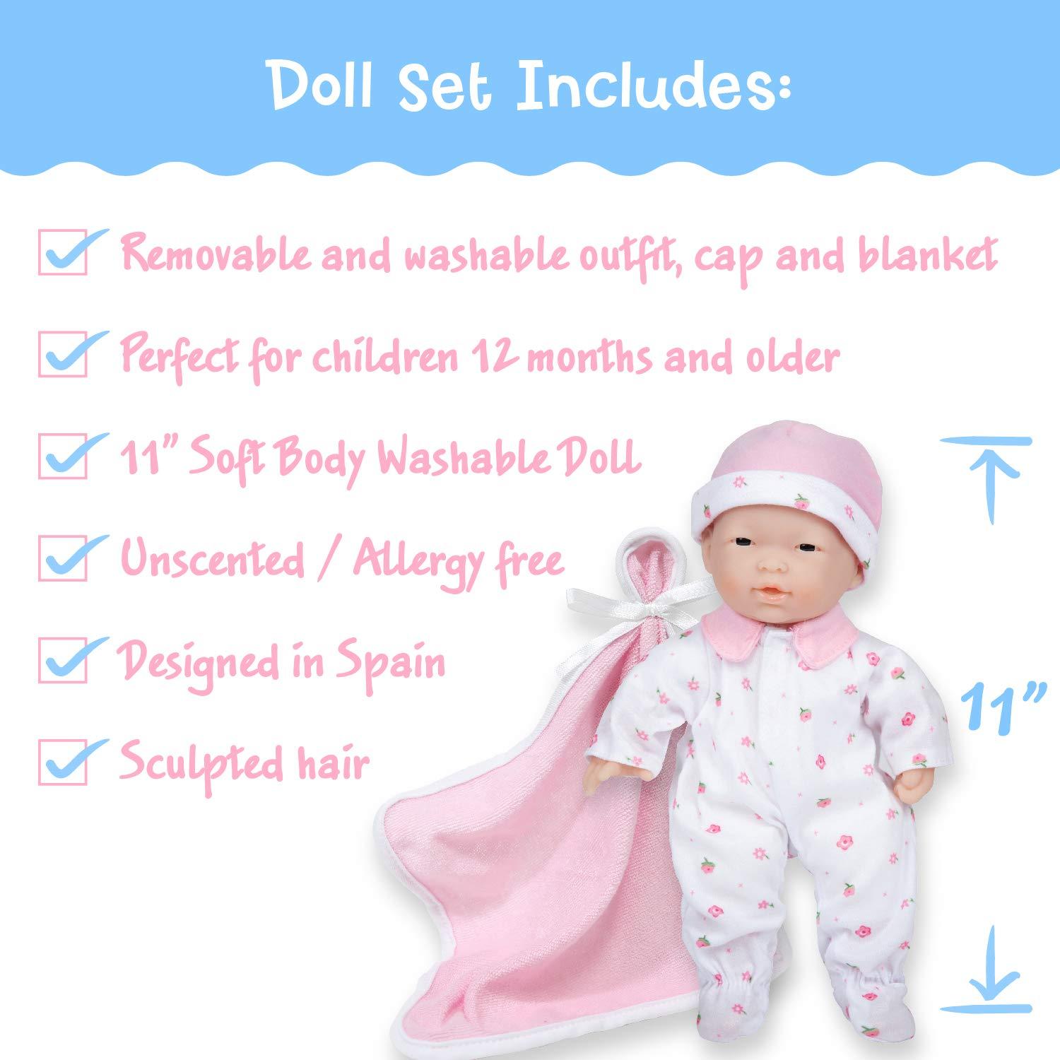 Caucasian 11-inch Small Soft Body Baby Doll | JC Toys - La Baby | Washable |Removable Pink Outfit w/ Hat & Blanket | For Children 12 Months +