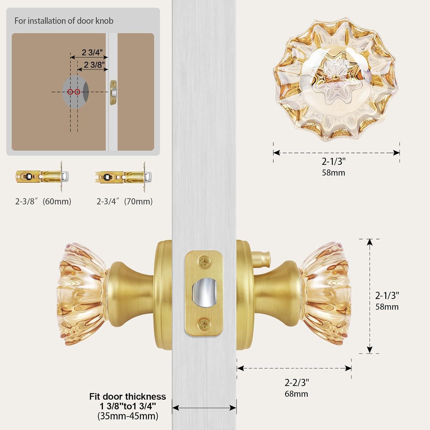 Champagne Glass Door Knobs,Privacy Crystal Door Knobs Interior Satin Brass/Brushed Gold Door Knob with Lock