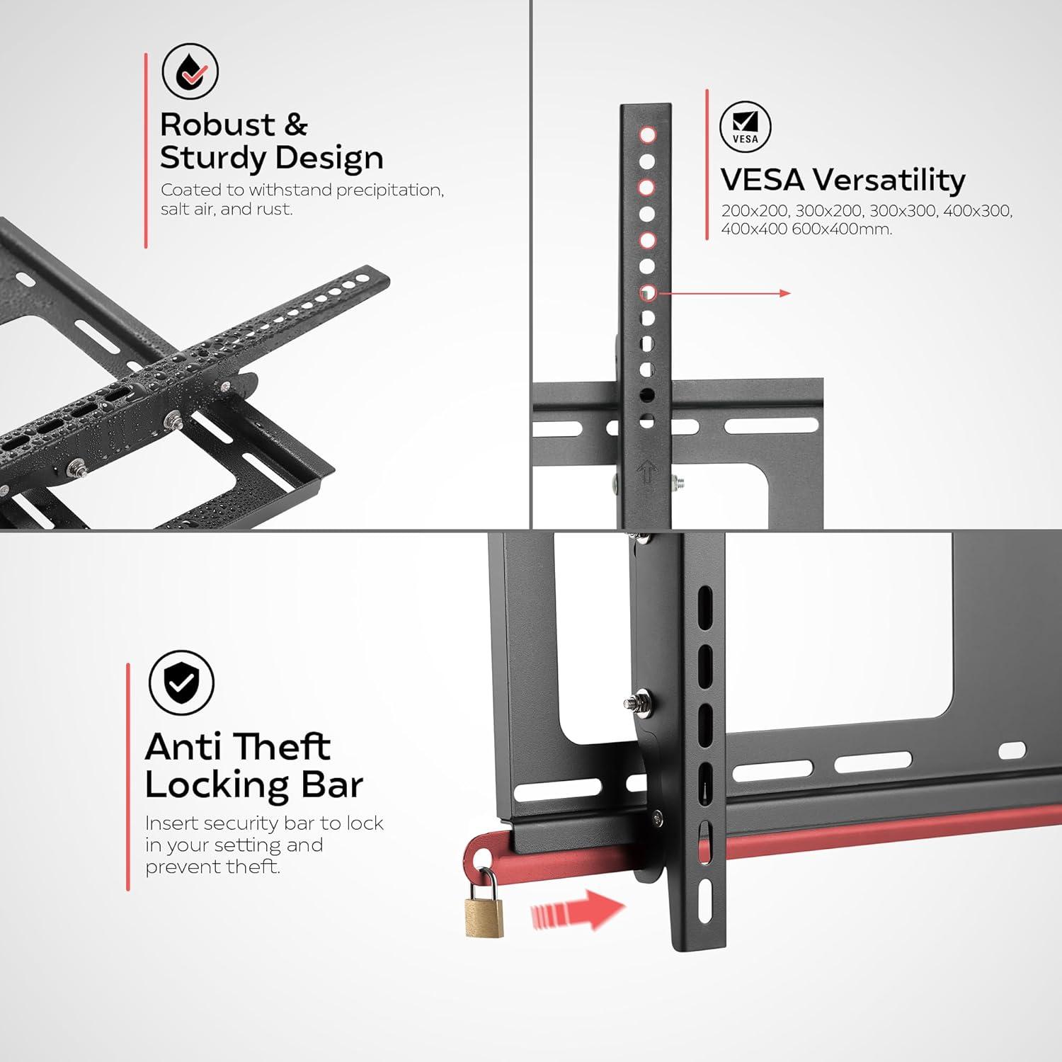 Mount-It Weatherproof TV Wall Mount | Lockable & Tilting 2.1 Low Profile Fits 37 - 80 In. Tvs