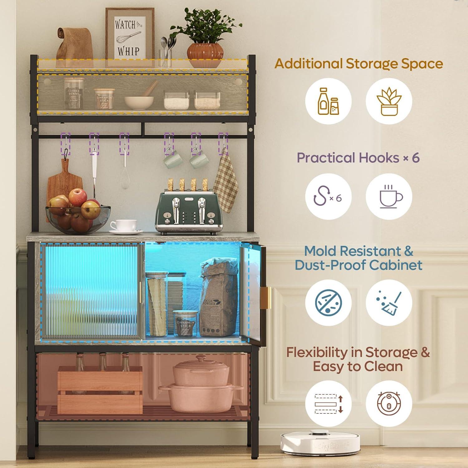 Bestier Coffee Bar with Storage, 5 Tier Microwave Stand with LED Lights, Kitchen Bakers Rack with Cabinet, Heavy Duty Storage Shelves for Kitchen Garage Pantry(Retro Grey Oak Light)