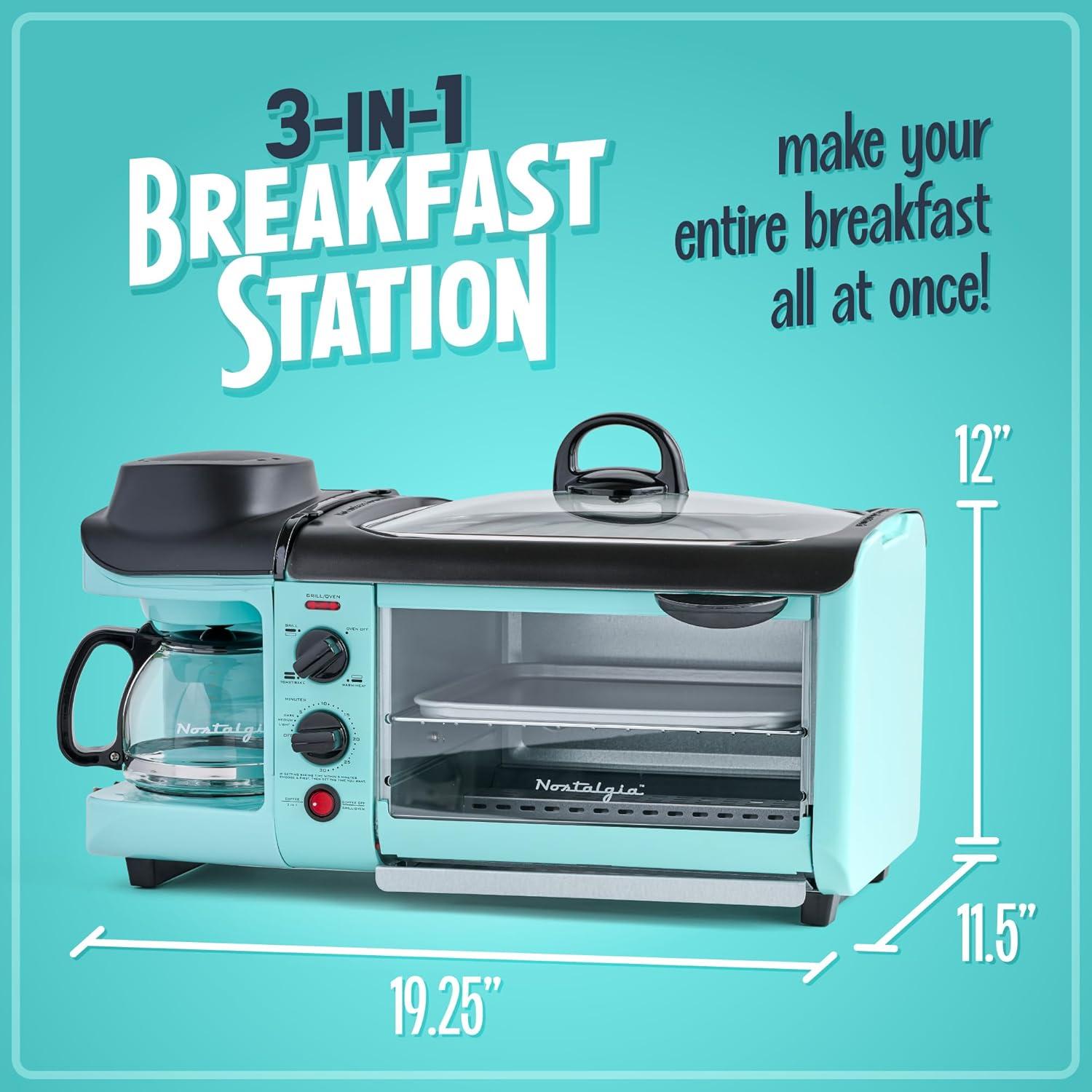 Nostalgia Electrics Retro 3-in-1 Family Size Griddle Aqua: Breakfast Station with Coffee Maker & Toaster, Ceramic Surface