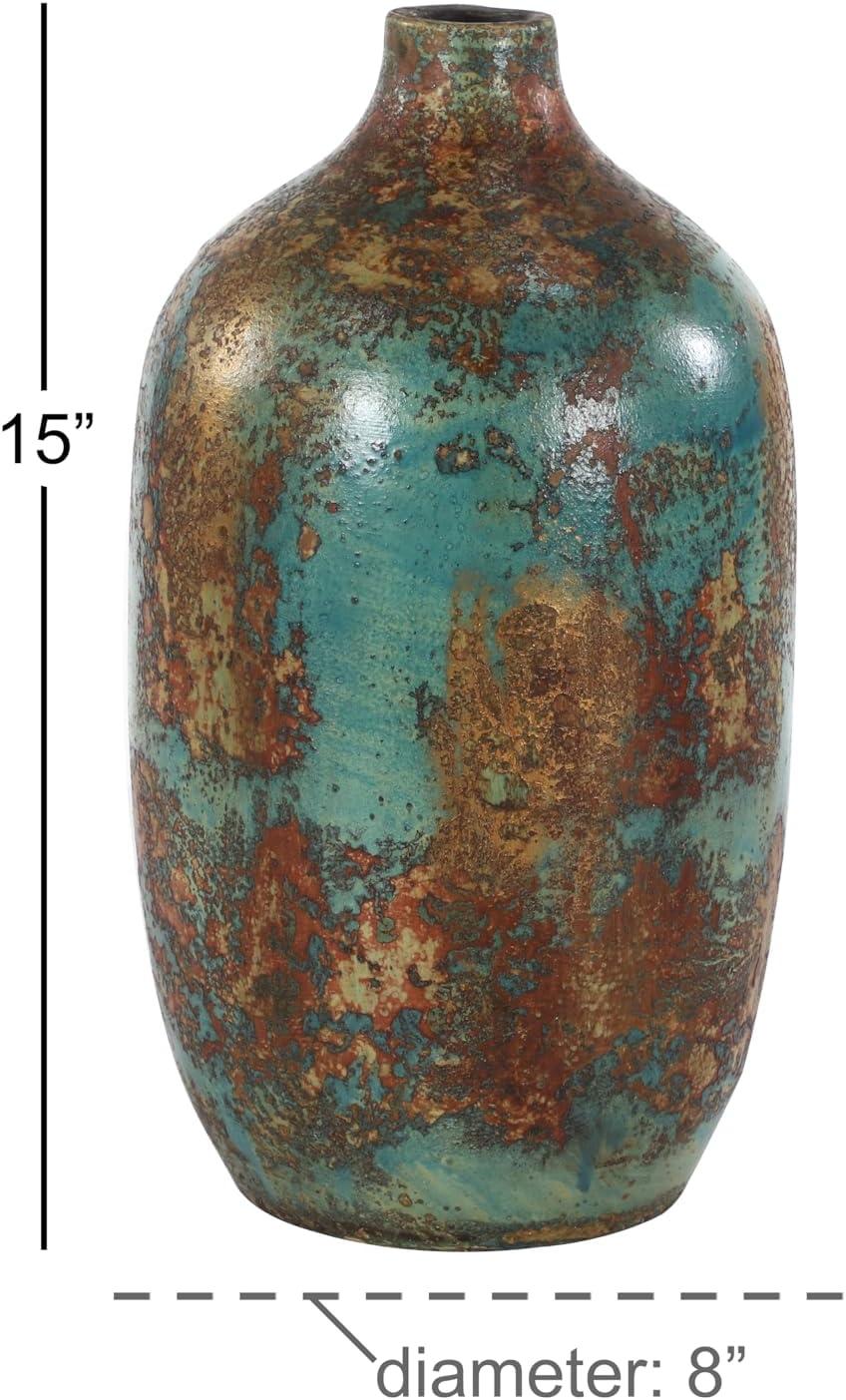 Rustic Turquoise and Bronze Ceramic Decorative Vase