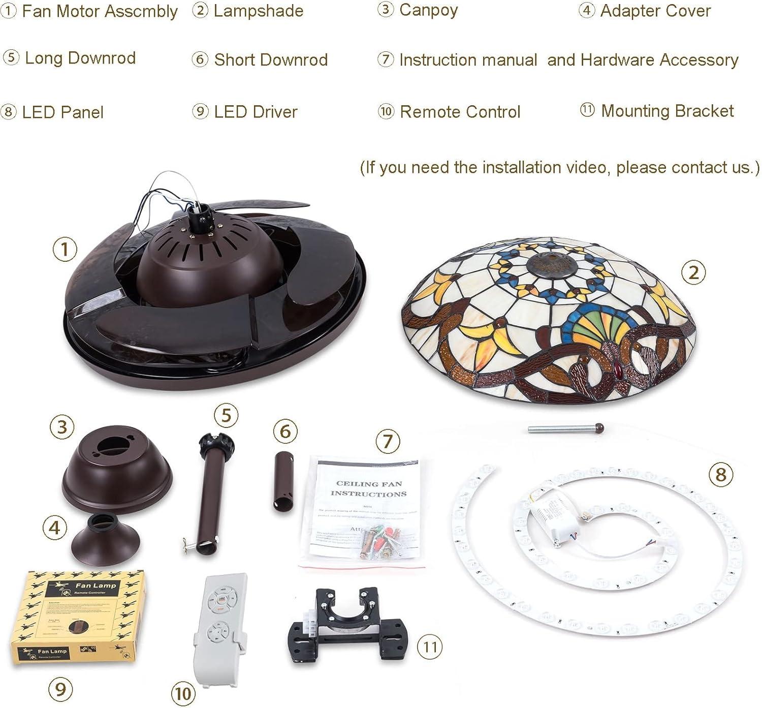 FETCOI 42"Tiffany Style Invisible Ceiling Fan with Lights and Remote Control Retractable Reverse Blades