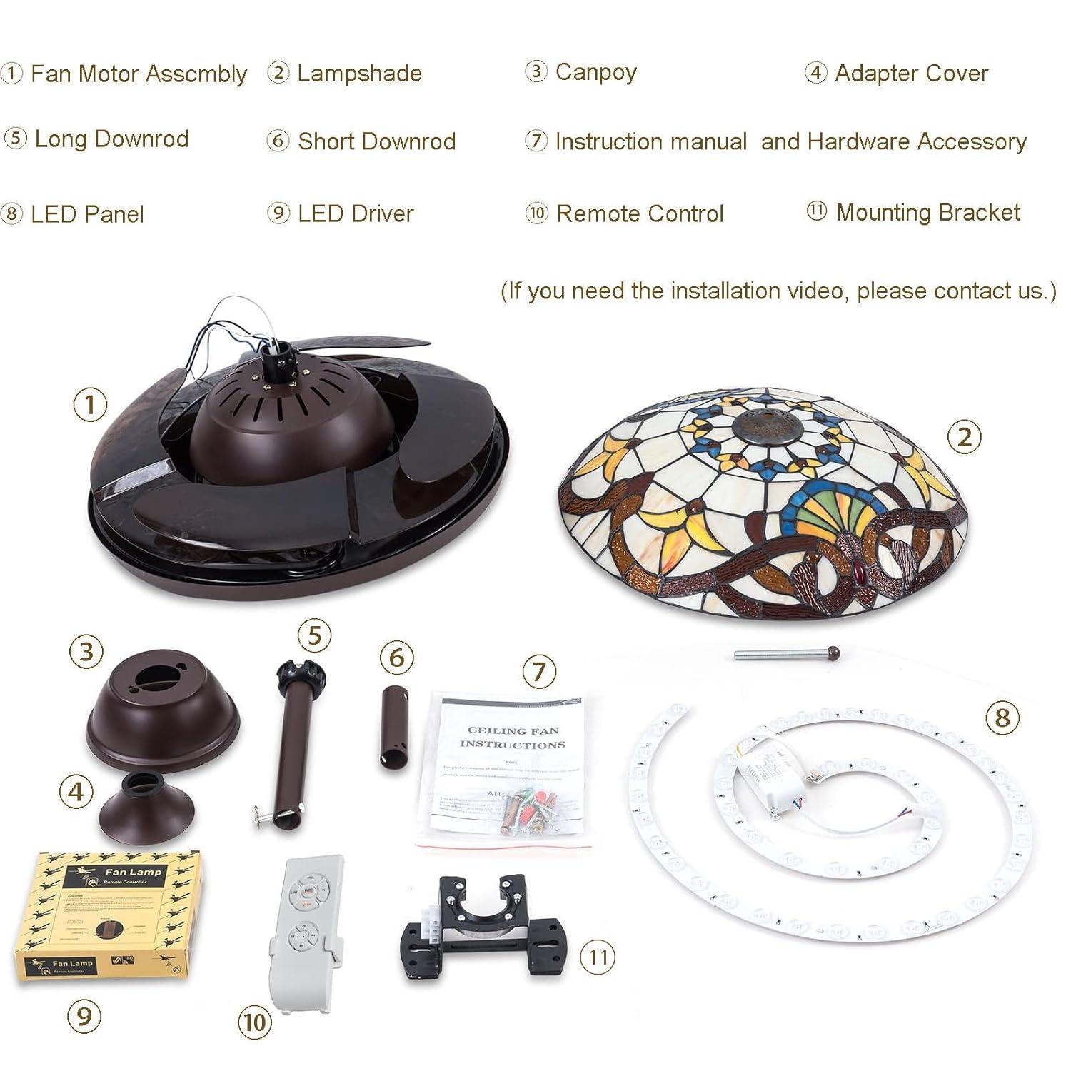 FETCOI 42"Tiffany Style Invisible Ceiling Fan with Lights and Remote Control Retractable Reverse Blades