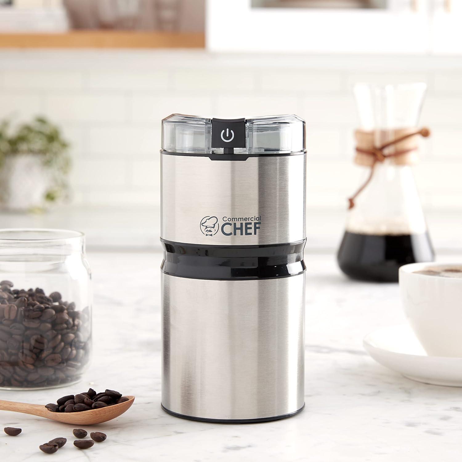 Commercial Chef Electric Coffee Grinder, Brushed Stainless Steel Texture and Transparent Lid