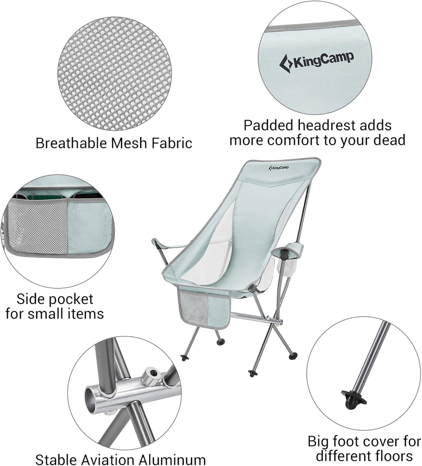 KingCamp Lightweight Padded Highback Folding Lounge Chair with Cupholder, Side Storage Pocket, and Carry Bag for Indoor or Outdoors, Grey