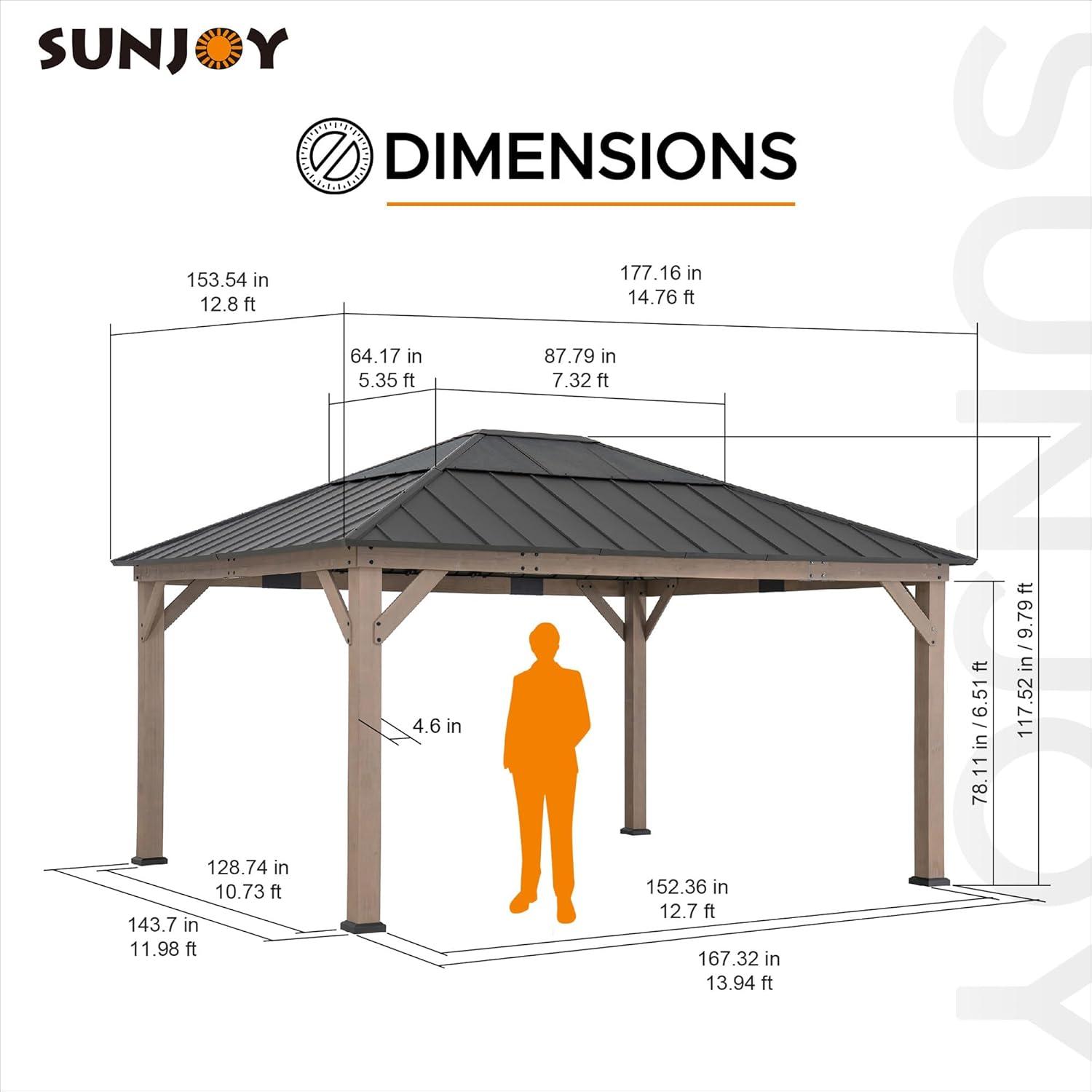 SUNJOY Hardtop Gazebo 13 x 15 ft. Standard Cedar Framed Wood Gazebo, Outdoor Patio Gazebo with Dark Brown Steel and Polycarbonate Hip Roof and Ceiling Hook, Dark Brown Roof + Dark Wood Frame