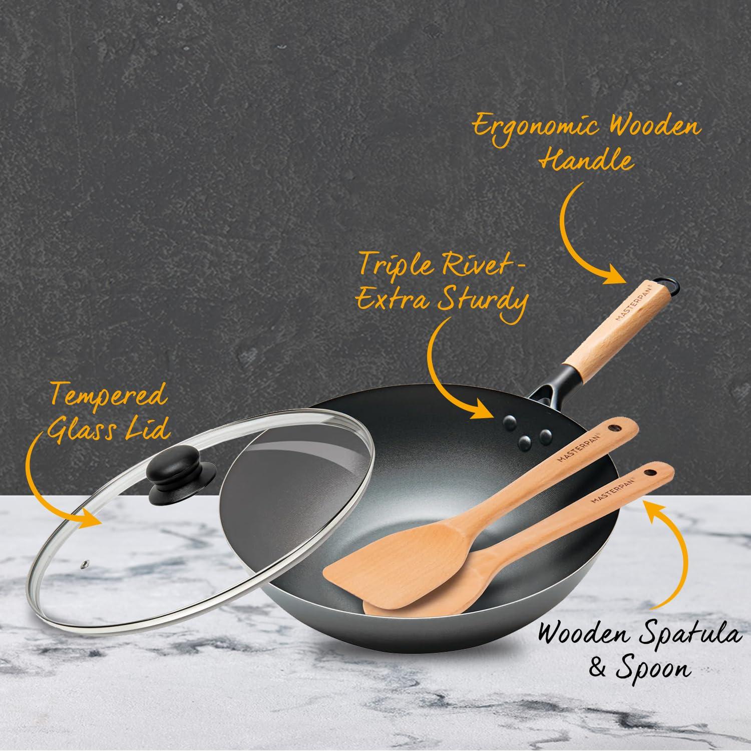 MasterPan Inc. Masterpan Carbon Steel Wok With Glass Lid Wooden Utensils Non-Stick Flat Bottom Asian Stir-Fry
