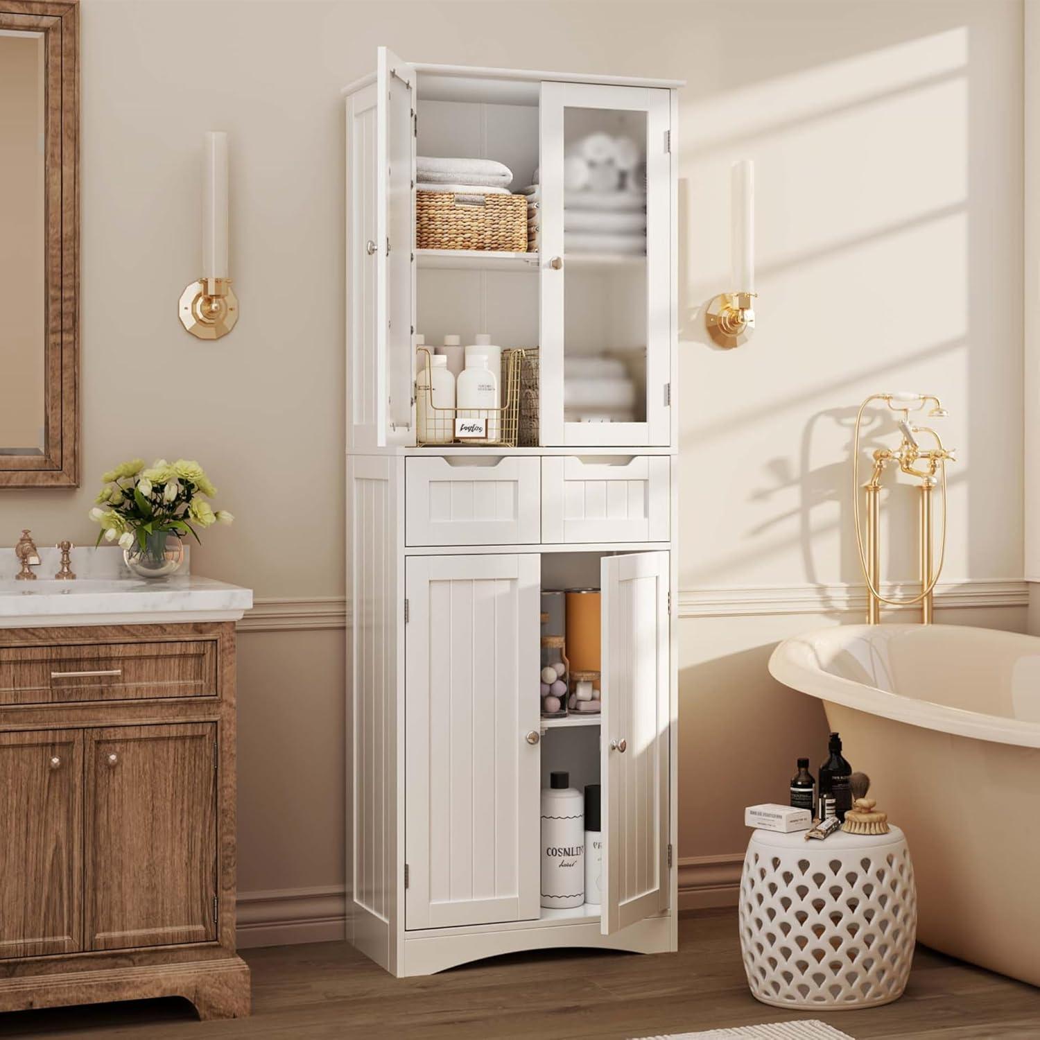 Gizoon 67" Tall Storage Cabinet, Freestanding Kitchen Pantry Cabinet with Glass Door & 2 Shelves & 2 Drawers, Stylish Linen Storage Cabinet for Home, Bathroom, Living Room, Office, White