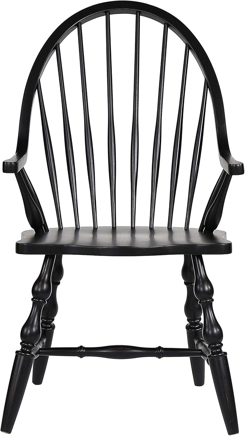 Sunset Trading Black Cherry Selections Windsor Spindleback Dining Chair with Arms | Fully Assembled Kitchen Armchair| Modern Farmhouse Minimalist Country Cottage | Antique Black Solid Wood