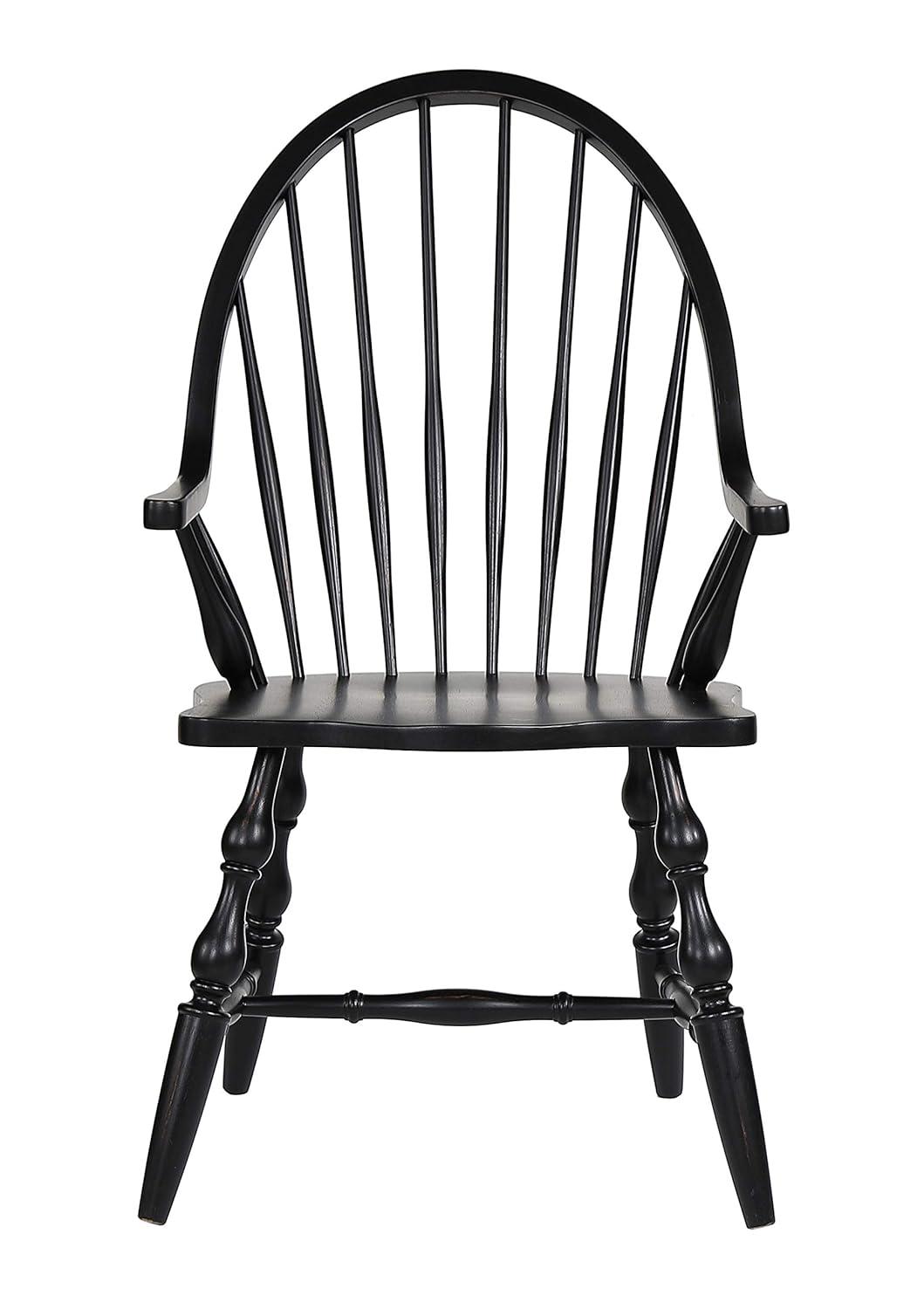 Sunset Trading Black Cherry Selections Windsor Spindleback Dining Chair with Arms | Fully Assembled Kitchen Armchair| Modern Farmhouse Minimalist Country Cottage | Antique Black Solid Wood