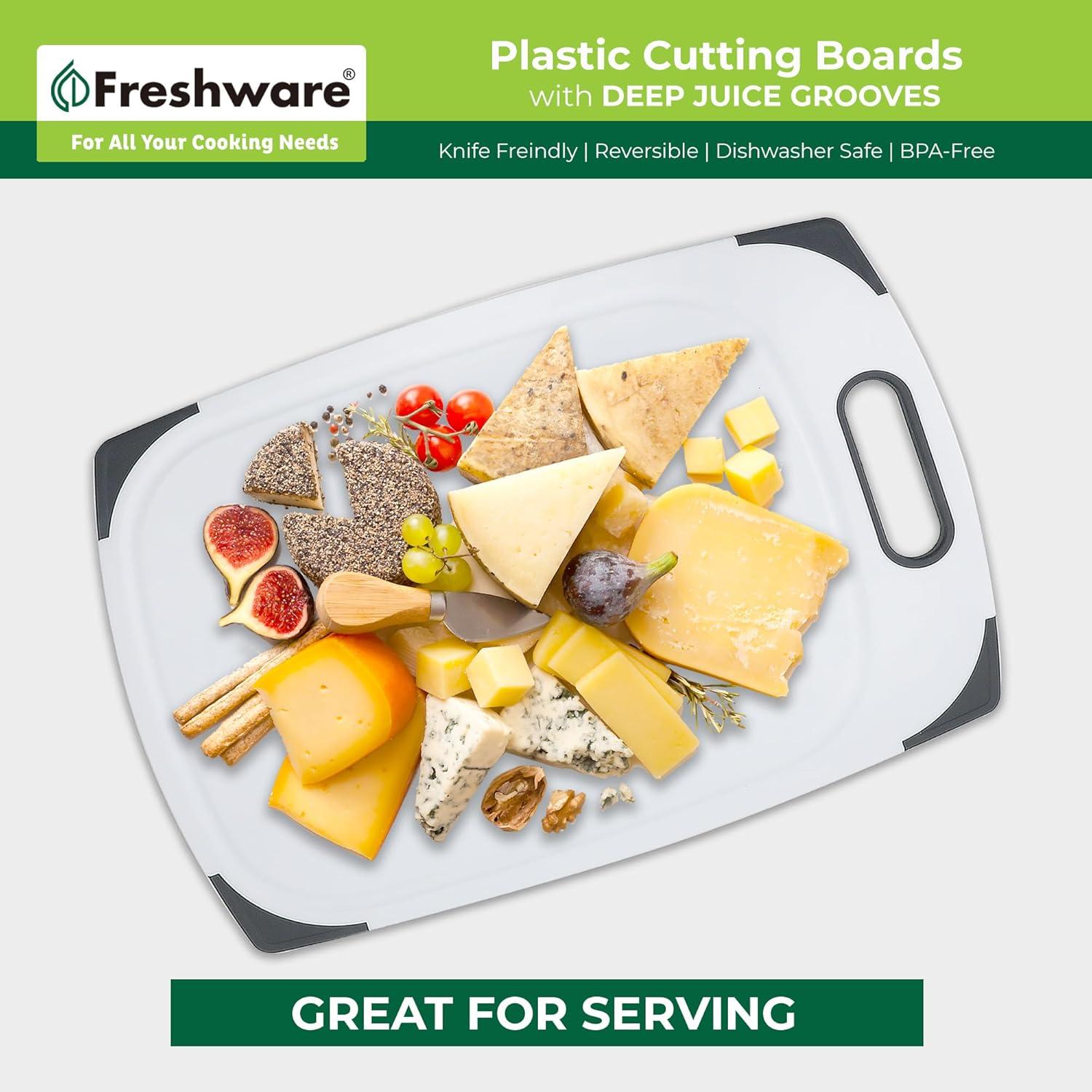 Plastic Cutting Boards for Kitchen, Cutting Board Set of 3, Juice Grooves with Easy Grip Handle, BPA-Free, Non-Porous, Dishwasher Safe, White