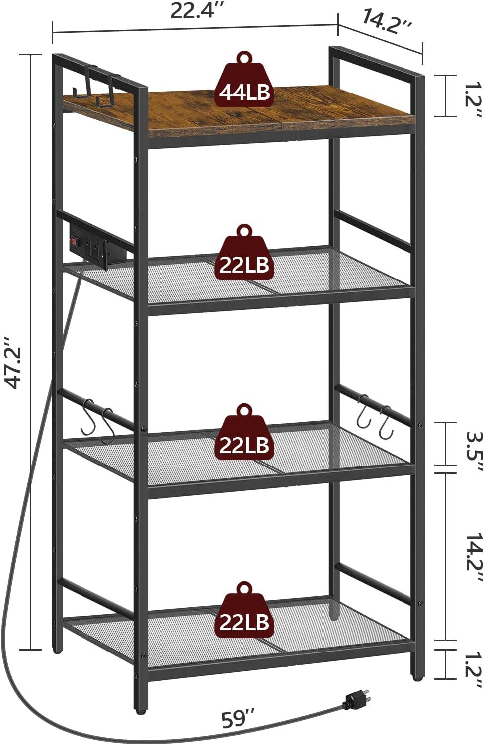 Rustic Brown 4-Tier Bakers Rack with Power Outlet