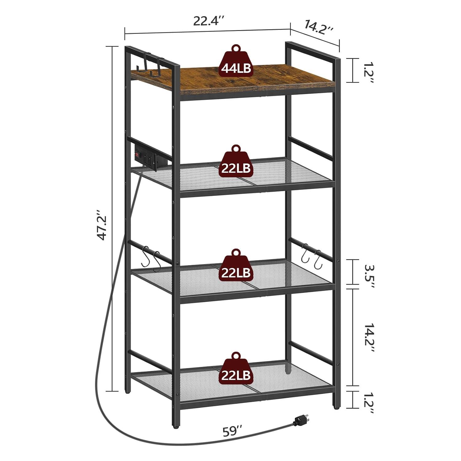 Bakers Rack with Power Outlet, Microwave Stand with Hooks, Multifunctional Storage Rack, Coffee Bar with Enclosure, Kitchen Storage Shelf, for Kitchen, Dining Room, Rustic Brown BRHR40E01N1