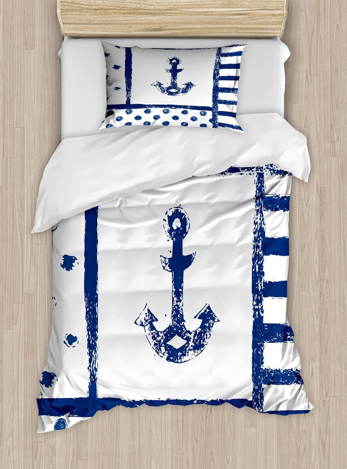 Anchor Twin Size Duvet Cover Set, Grunge Murky Boat Anchor Silhouette with Polka and Stripe Retro Navy Theme Art, Decorative 2 Piece Bedding Set with 1 Pillow Sham, Dark Blue White, by Ambesonne