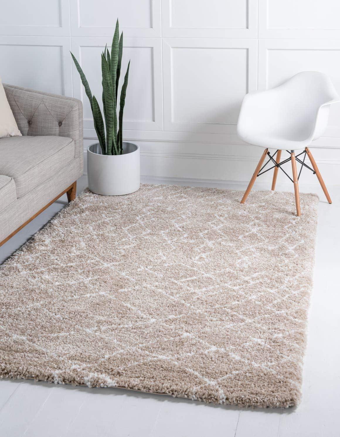 Unique Loom Rabat Shag Collection Area Rug - Geometric (4' 1" x 6' 1" Rectangle Taupe/Ivory)