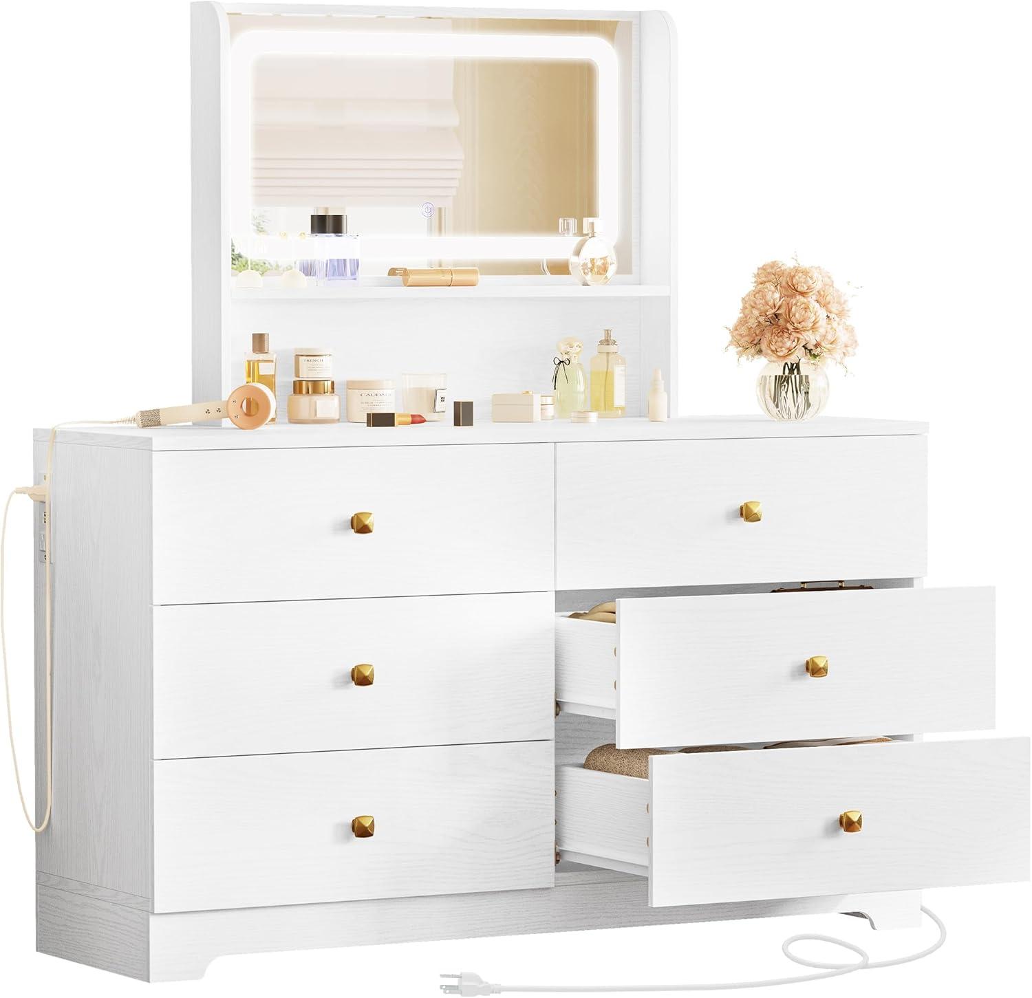 White MDF Double Dresser with Mirror and Soft Close Drawers