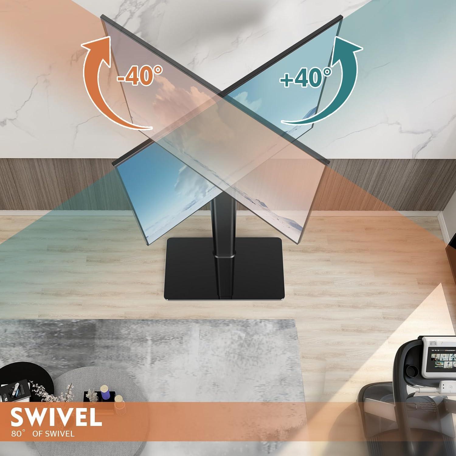 Hemudu Universal Floor TV Stand with Swivel Bracket and 2 Shelves, Black