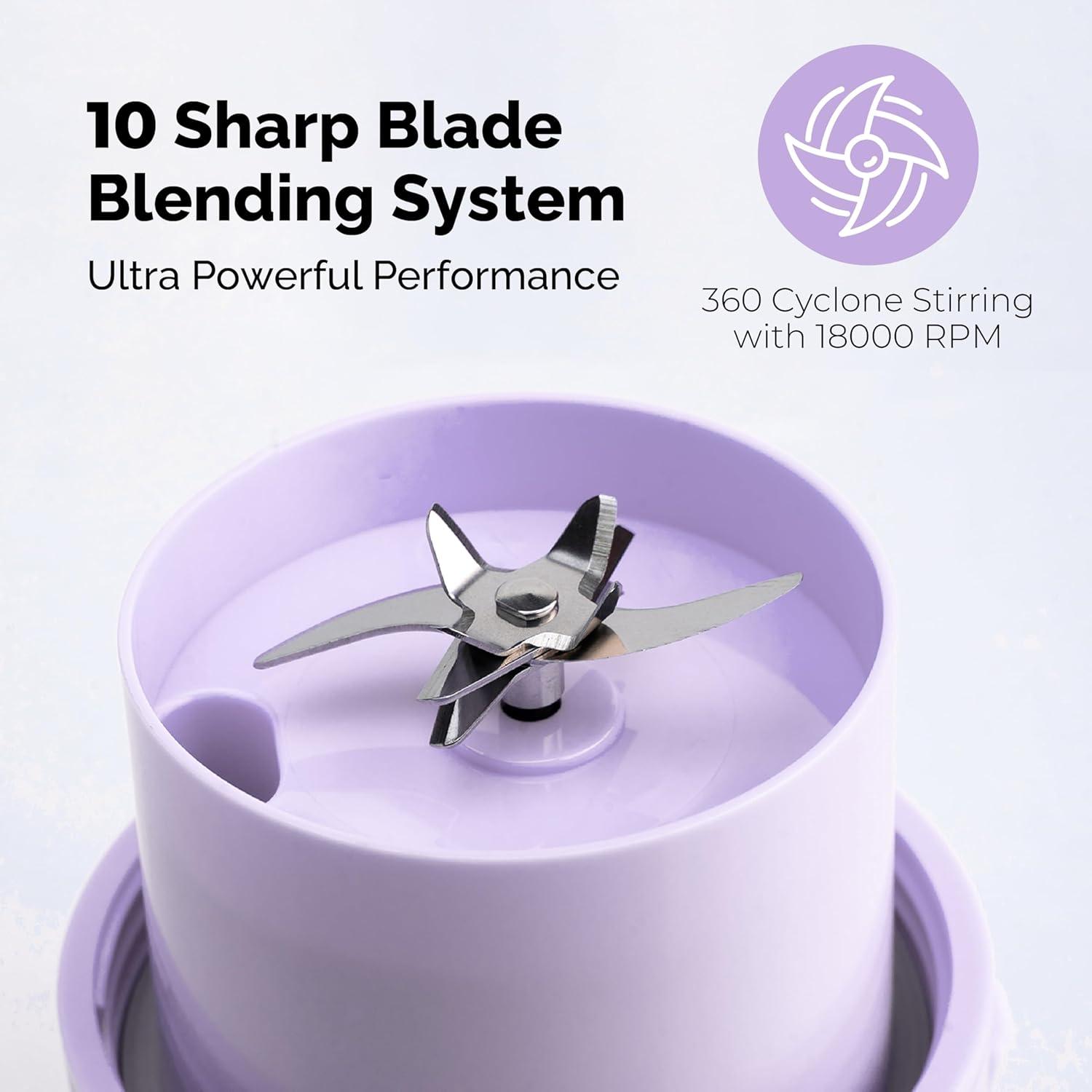 Personal Portable Blender For Shakes & Smoothies, Leakproof & Stylish Portable Mason Jar Shaker, Rechargeable Mini Blender with 10-Blade Blending System 14oz, Purple