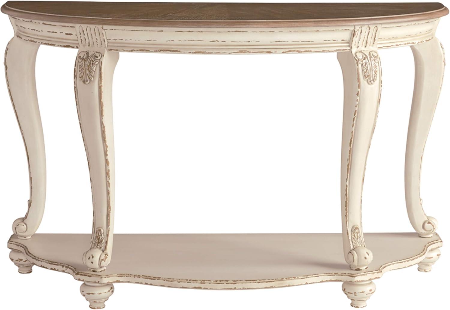 Realyn Demilune Sofa Table with Storage in Distressed White/Brown